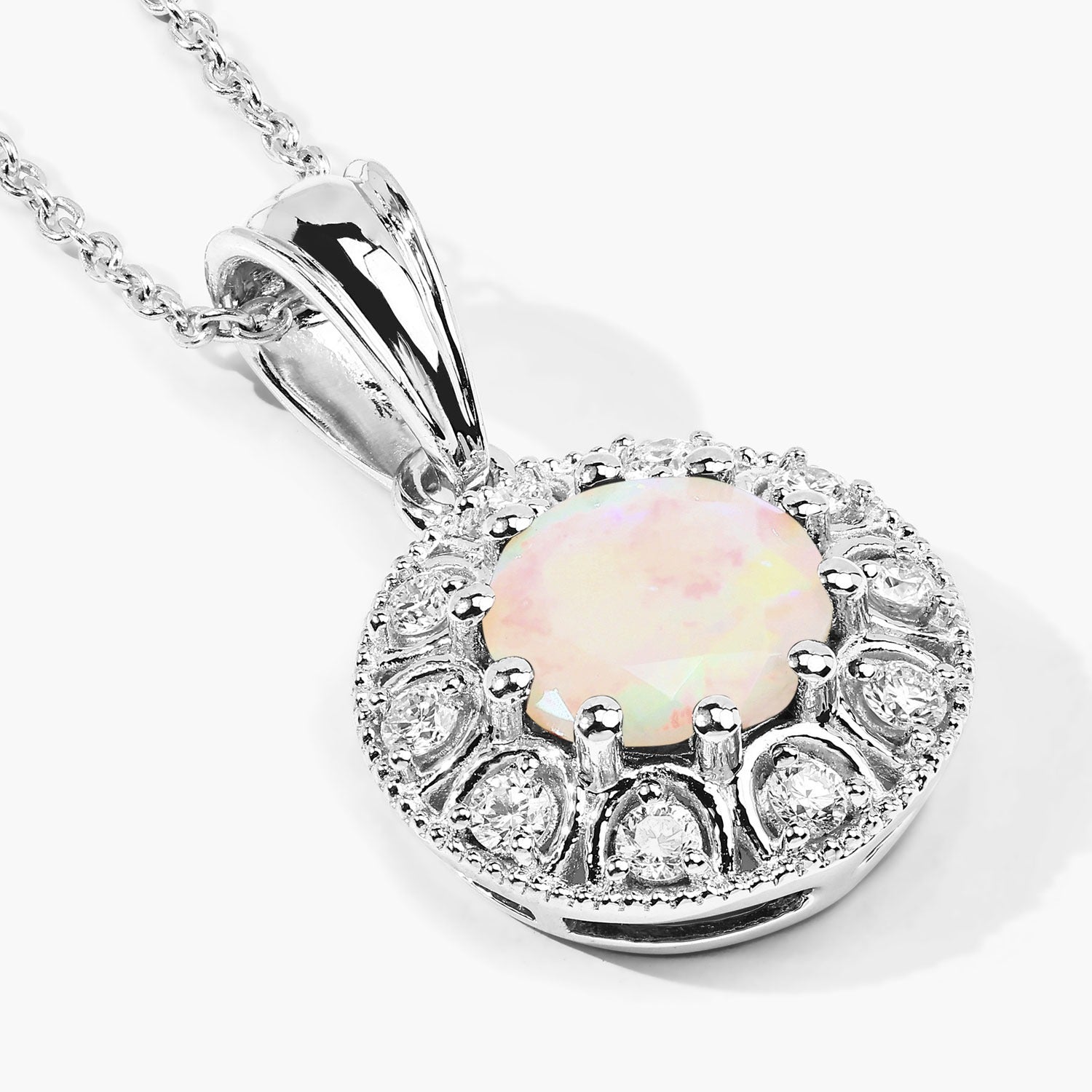 1.25 Ct Genuine Ethiopian Opal and Lab Diamond Silver Halo Necklace