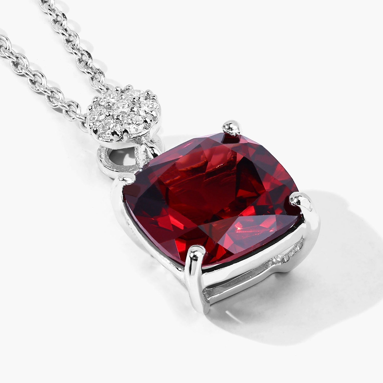3.57 Ct Genuine Mozambique Garnet and Lab Diamond Silver Cushion Necklace