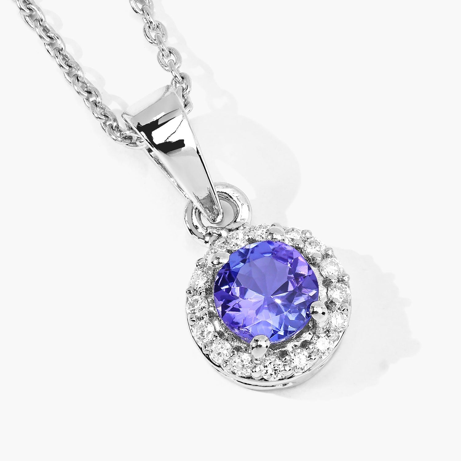 0.57 Ct Genuine Tanzanite and Lab Diamond Silver Round Necklace