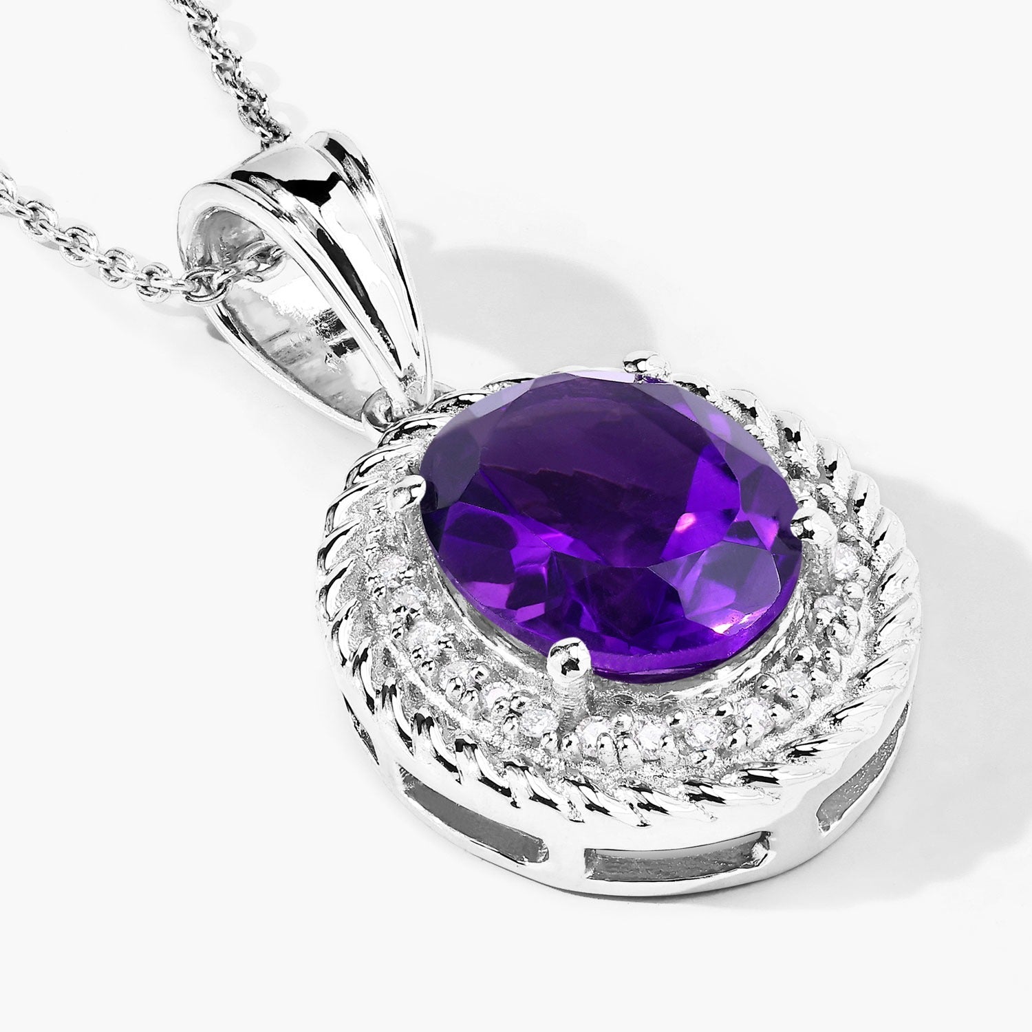 3.36 C Genuine Amethyst and Lab Diamond Silver Oval Necklace
