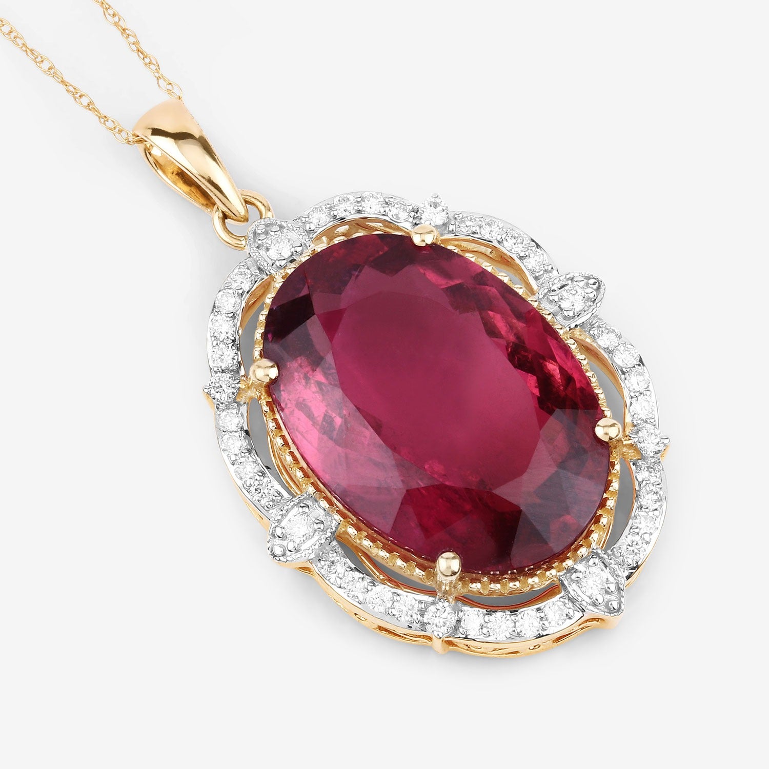 Genuine Rubellite and White Diamond 14K Yellow Gold Oval Pendant Fine Color Jewels