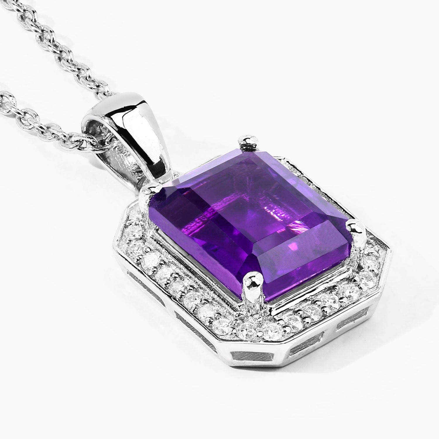 2.28 Ct Genuine Amethyst and Lab Diamond Silver Halo Necklace