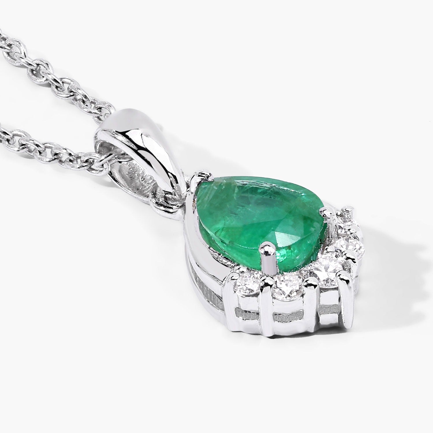 0.82 Ct Genuine Zambian Emerald and Lab Diamond Silver Teardrop Pendant Necklace Fine Color Jewels