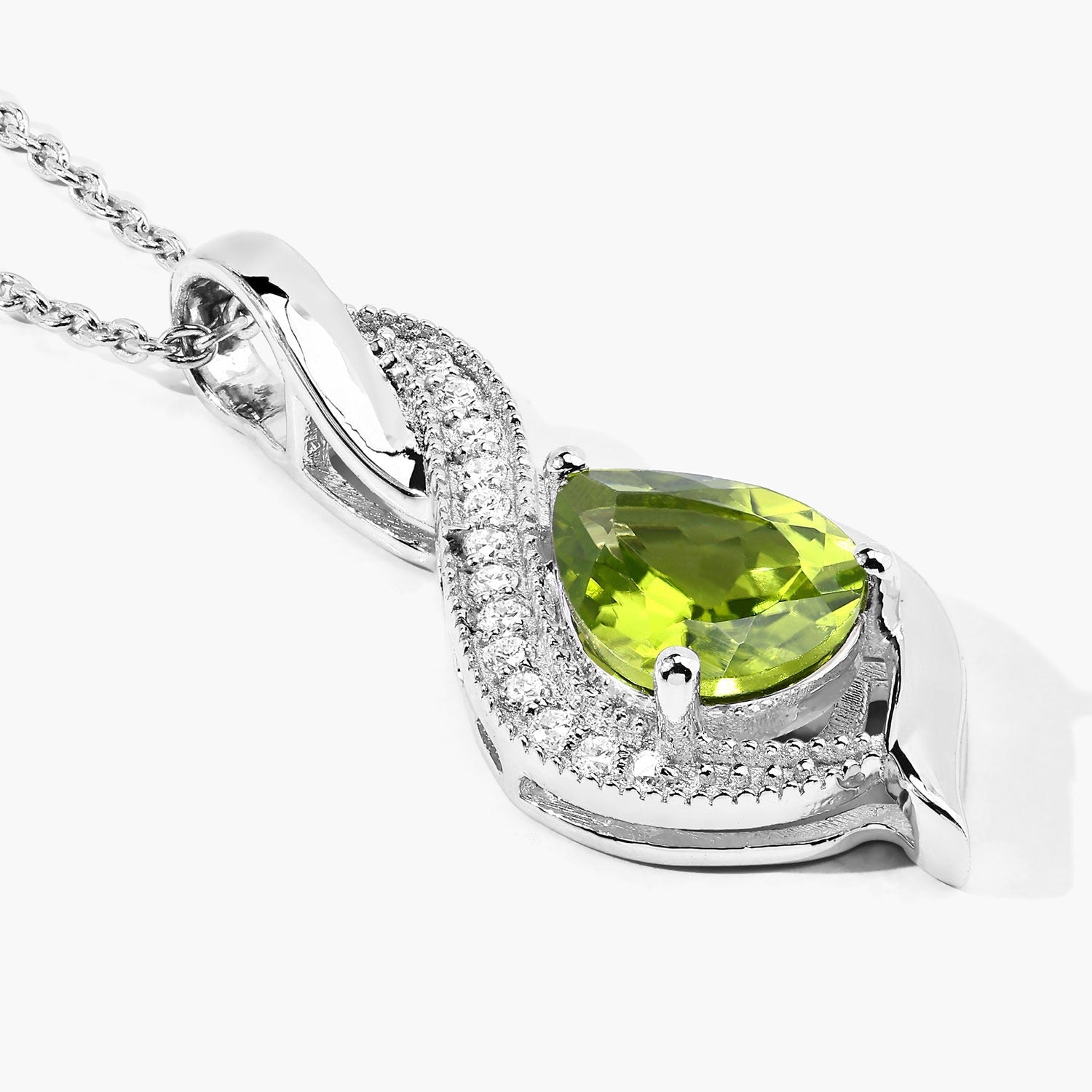 1.58 Ct Genuine Peridot and Lab Grown Diamond Silver Teardrop Necklace