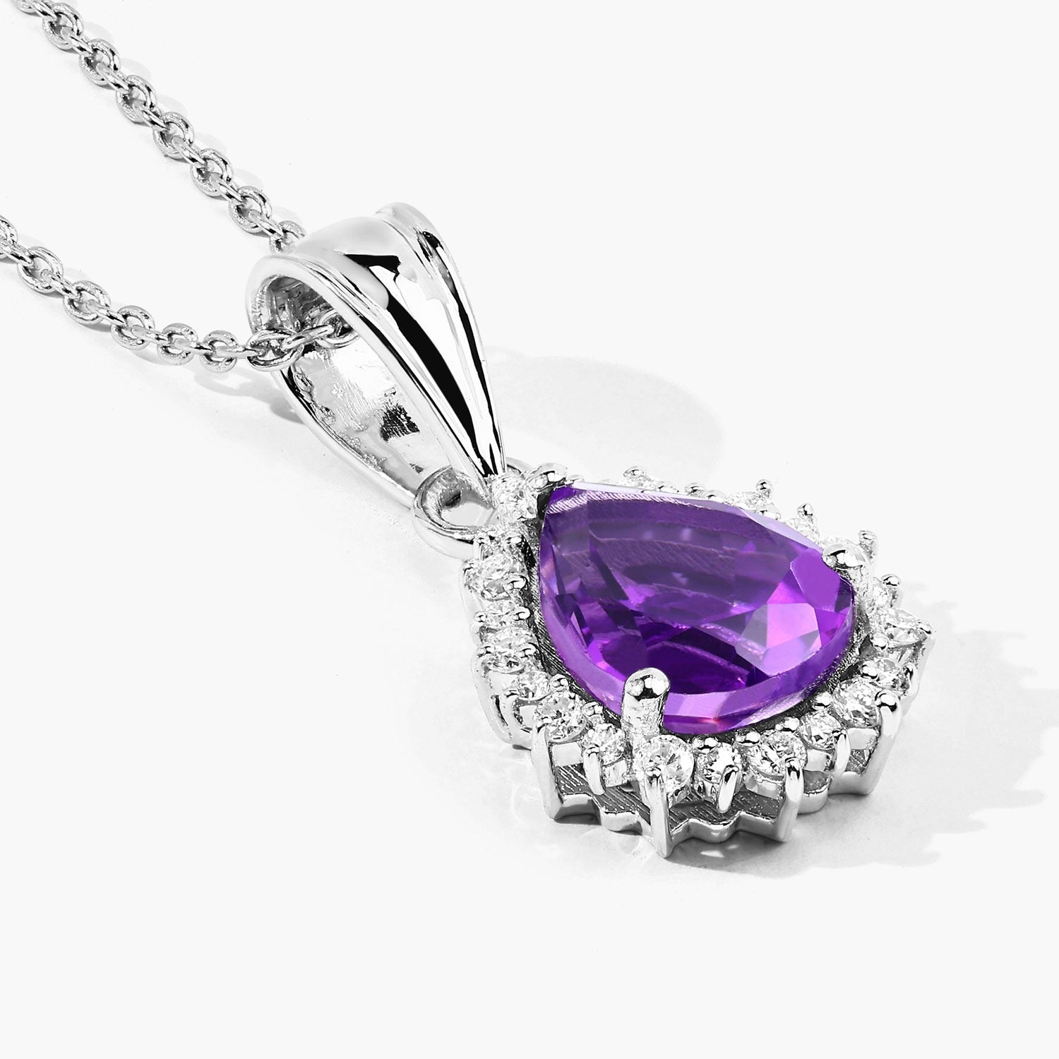 2.35 Ct Genuine Amethyst and Lab Grown Diamond Silver Halo Necklace