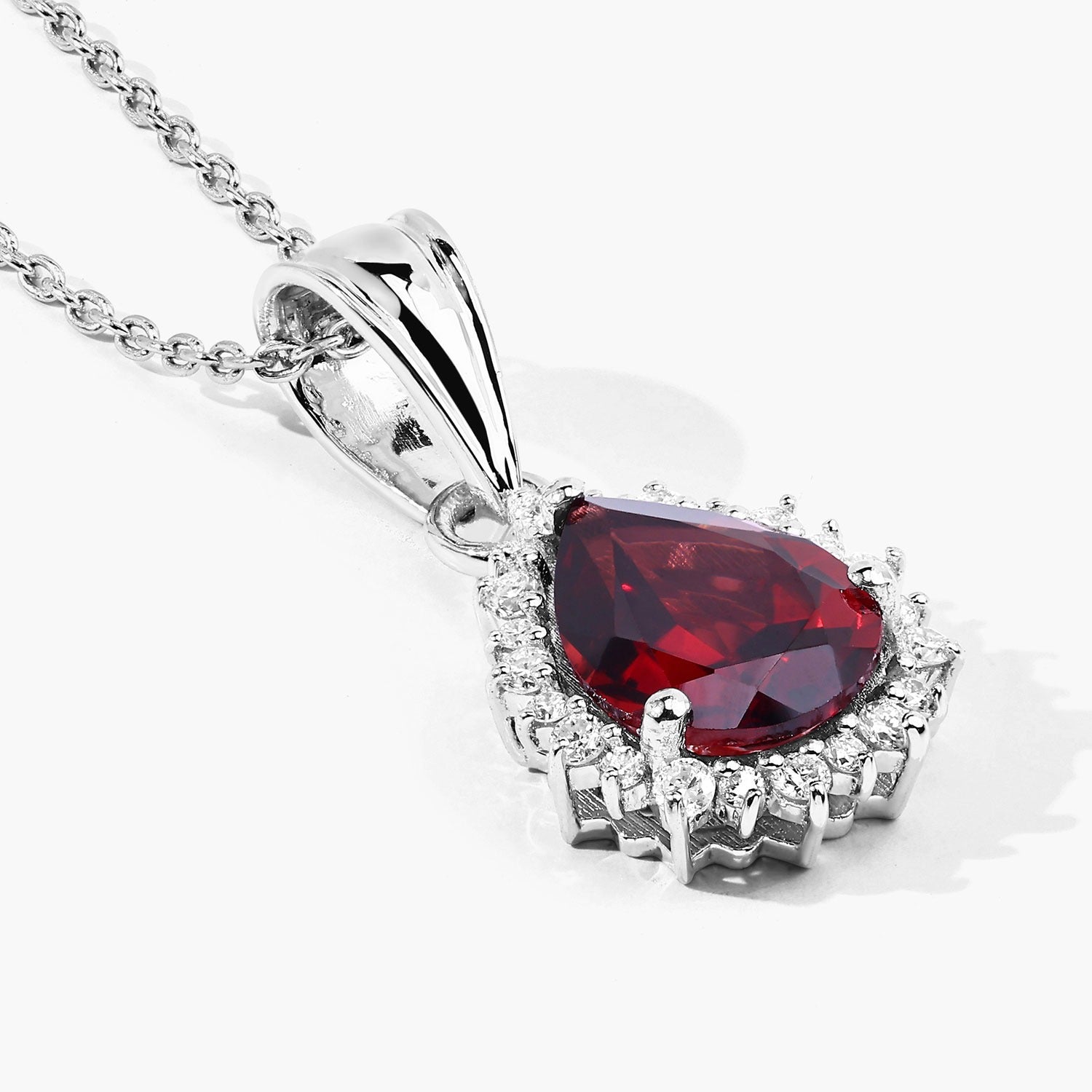 2.70 Ct Genuine Mozambique Garnet and Lab Grown Diamond Silver Halo Necklace