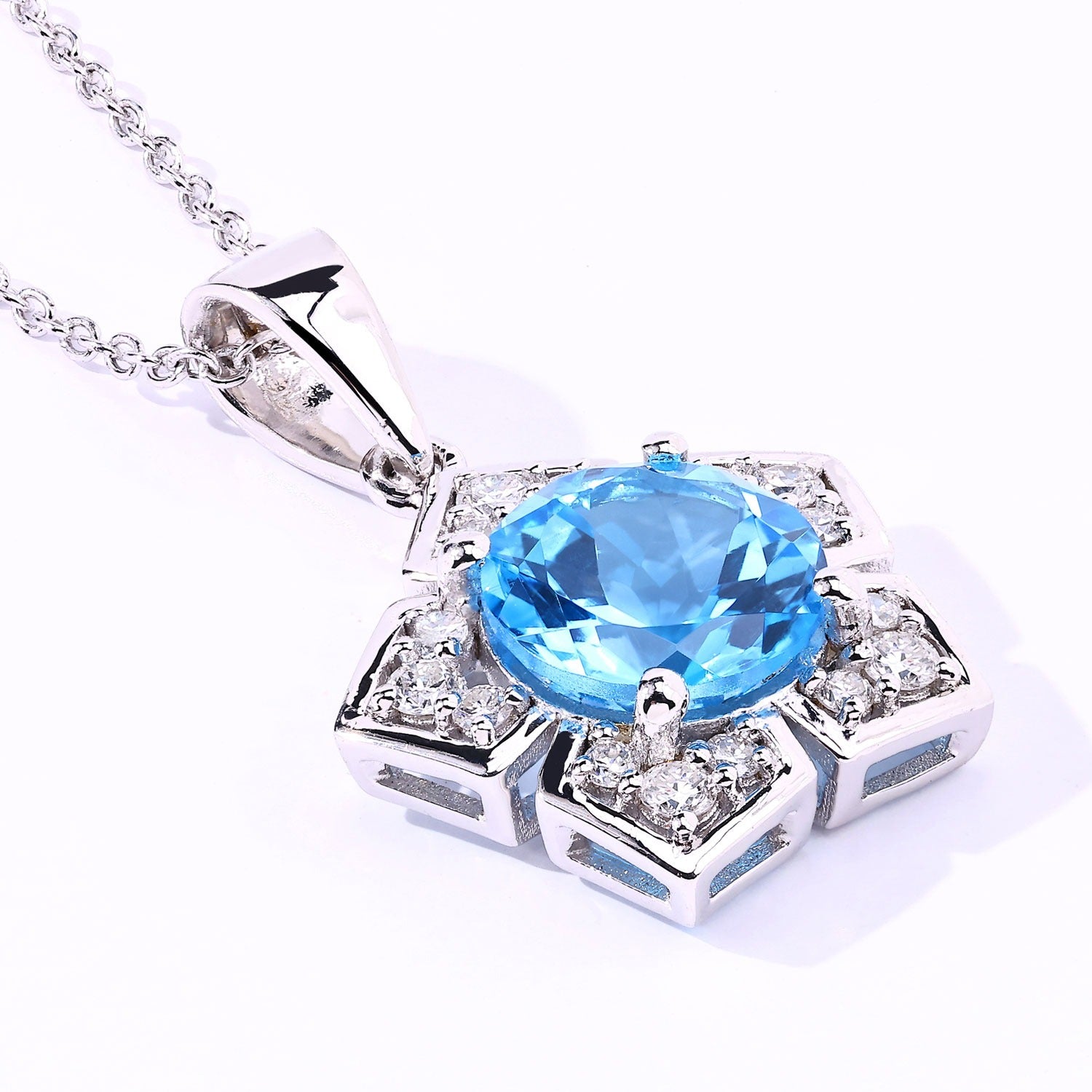 4.08 Ct Genuine Swiss Blue Topaz and Lab Grown Diamond Silver Floral Necklace