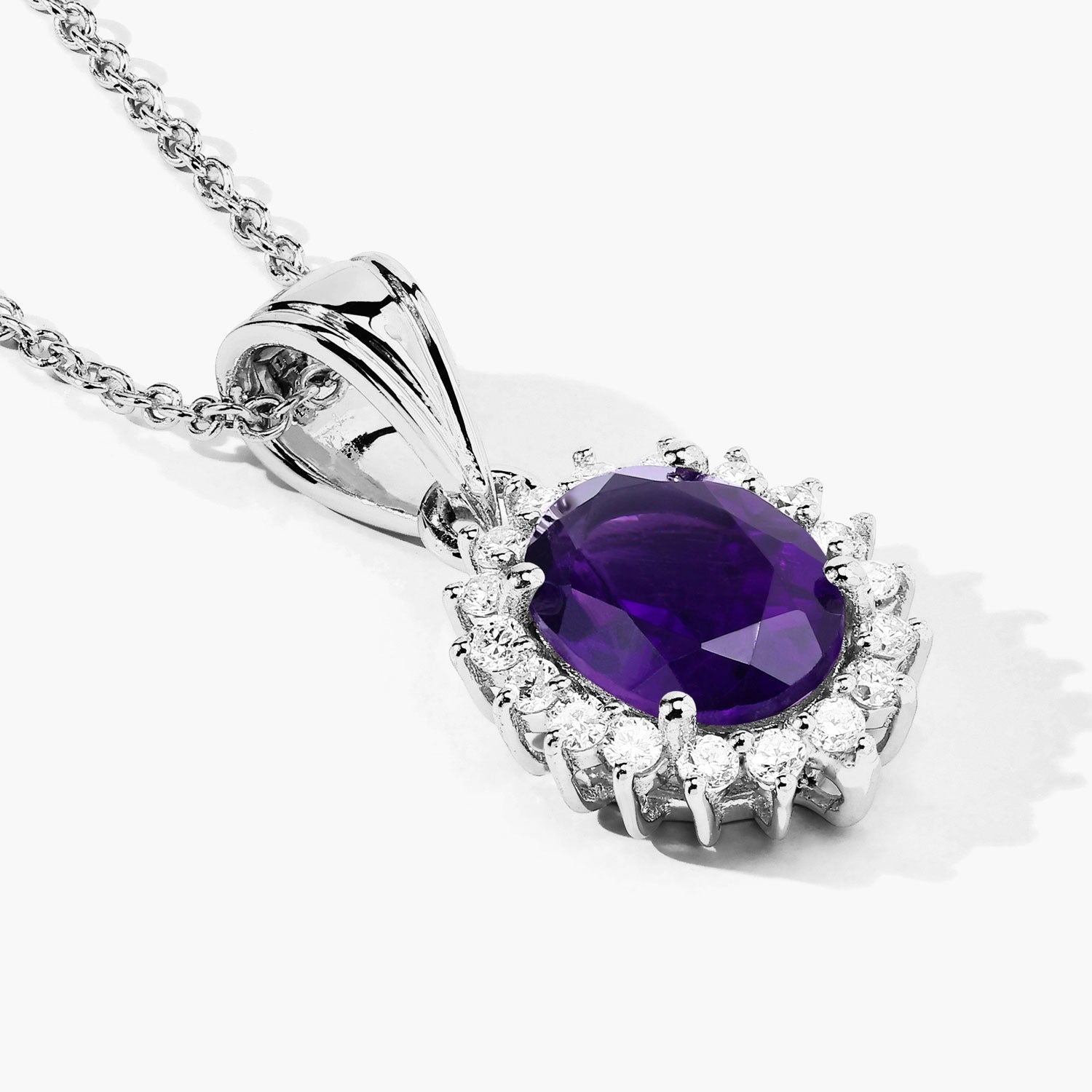 1.87 Ct Genuine Amethyst and Lab Grown Diamond Silver Halo Necklace