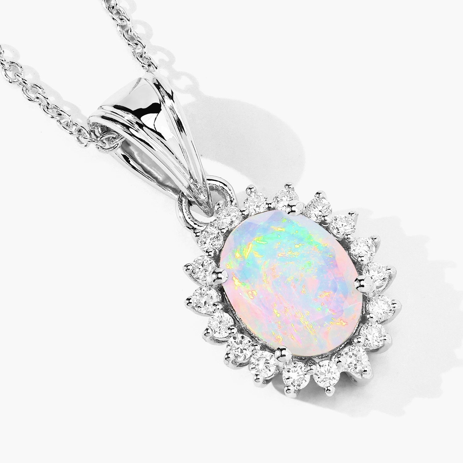 1.17 Ct Genuine Ethiopian Opal and Lab Grown Diamond Silver Halo Necklace