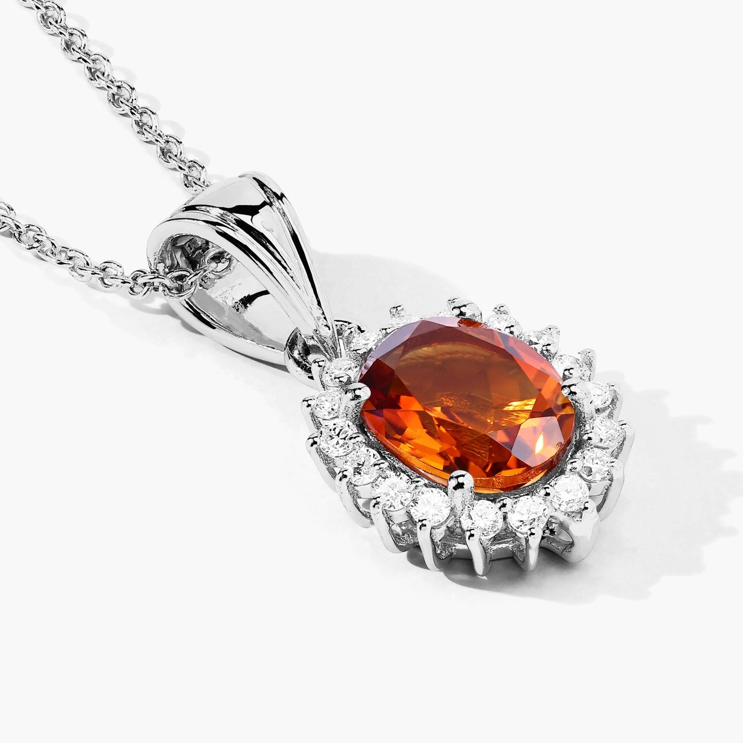 1.97 Ct Genuine Madeira Citrine and Lab Grown Diamond Silver Halo Necklace