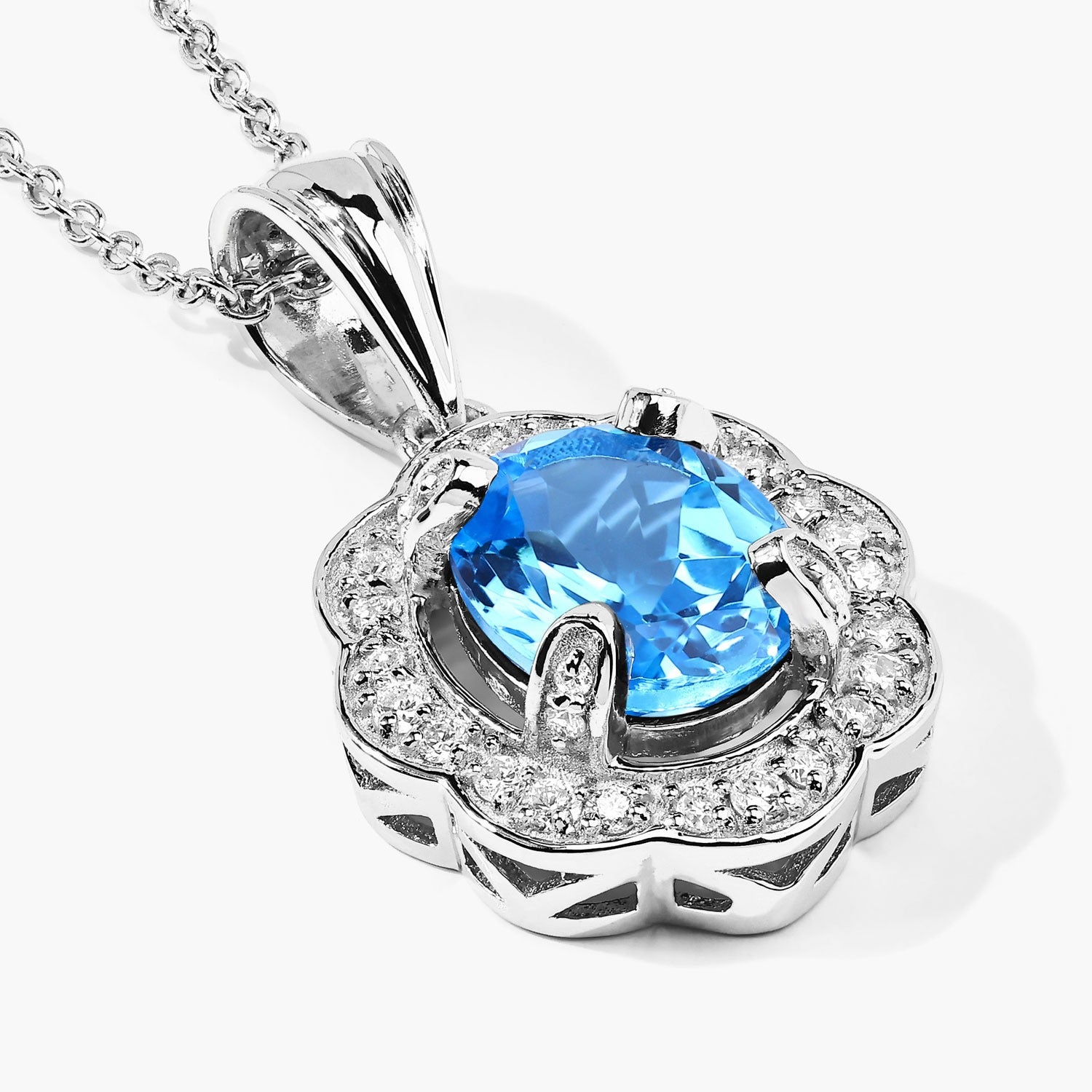 2.87 Ct Genuine Swiss Blue Topaz and Lab Grown Diamond Silver Halo Necklace