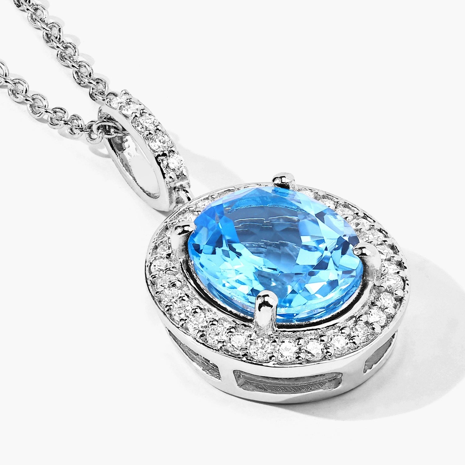 2.81 Ct Genuine Swiss Blue Topaz and Lab Diamond Silver Halo Necklace
