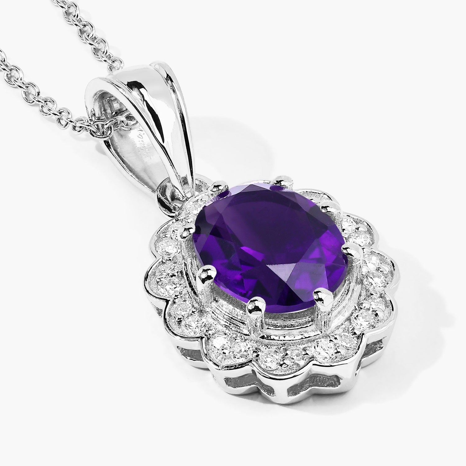 2.44 Ct Genuine Oval Amethyst and Lab Diamond Silver Halo Necklace