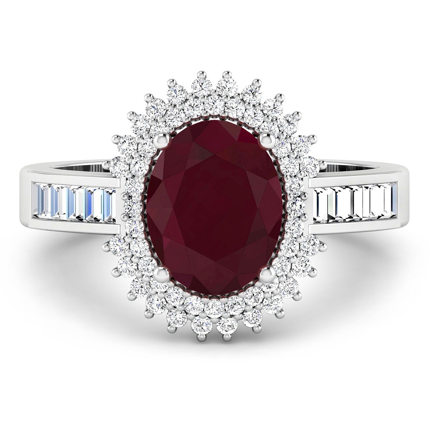 2.82 Ct Oval Pink Ruby and White Diamond Prong 14K White Gold Halo Floral Ring