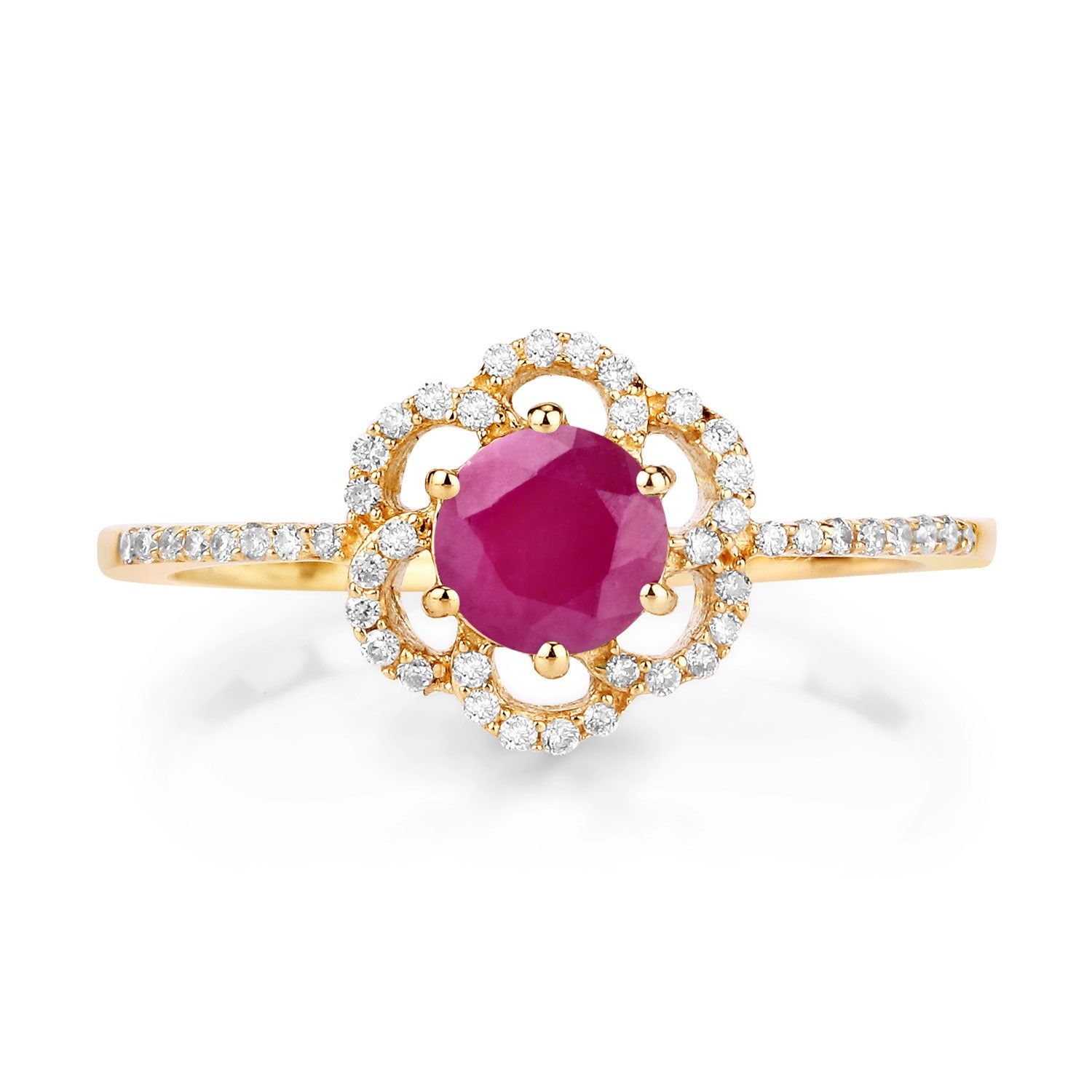 0.68 Ct Round Cut Pink Ruby and White Diamond Prong 14K Yellow Gold Halo Floral Ring