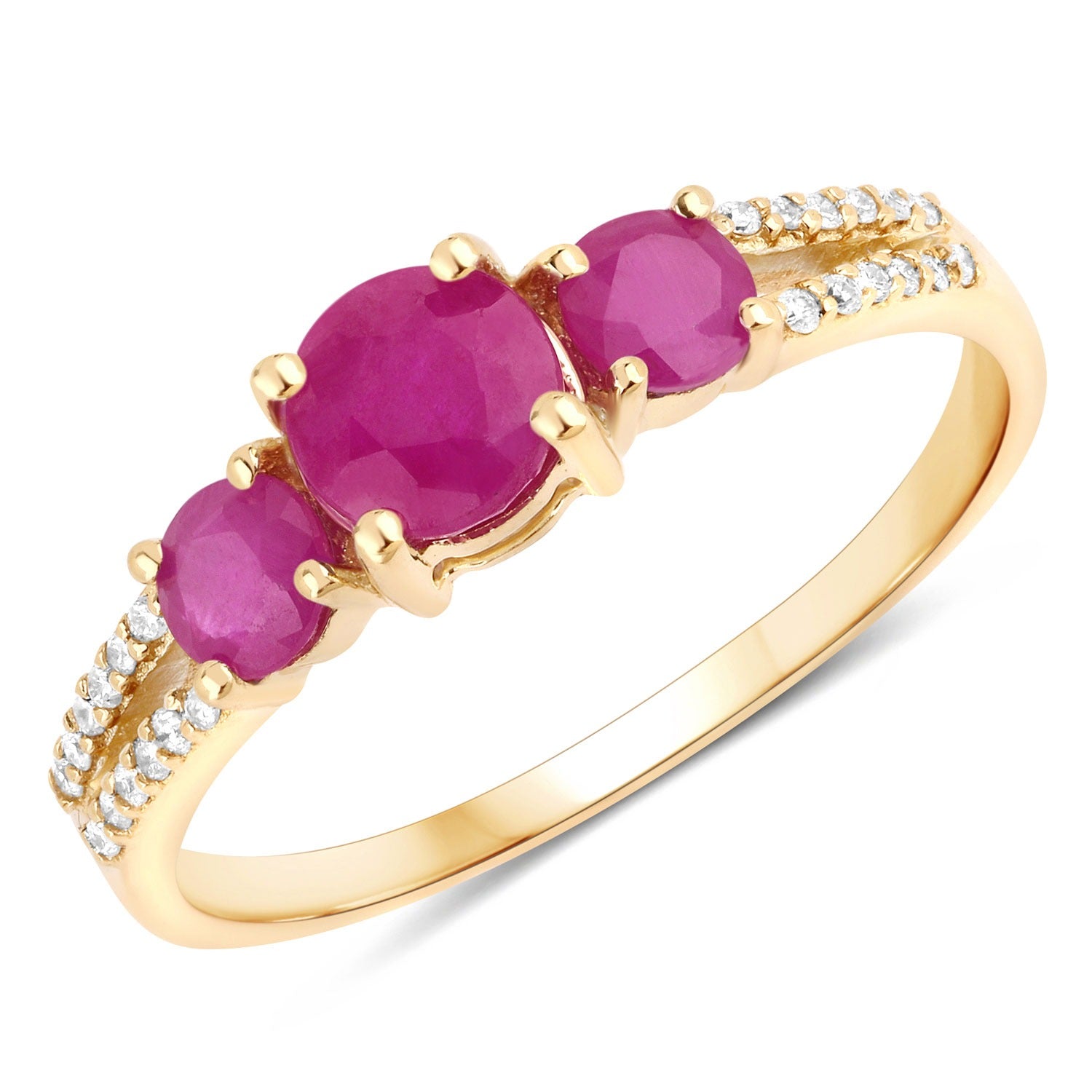 1.02 Ct Round Three Stone Pink Ruby and White Diamond Prong 14K Yellow Gold Split Shank Ring