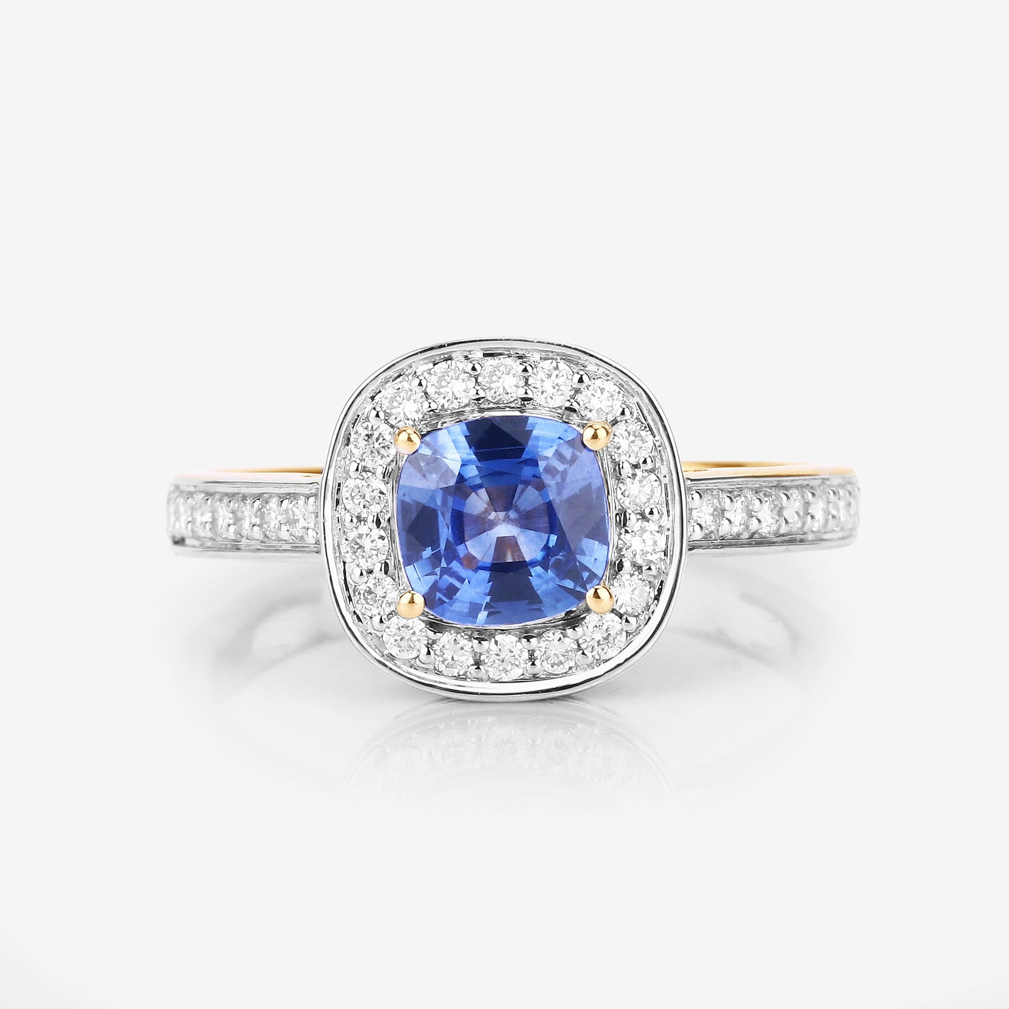 1.31 Ct Cushion Blue Sapphire and White Diamond Prong 18K Yellow Gold Halo Pave Bridge Ring
