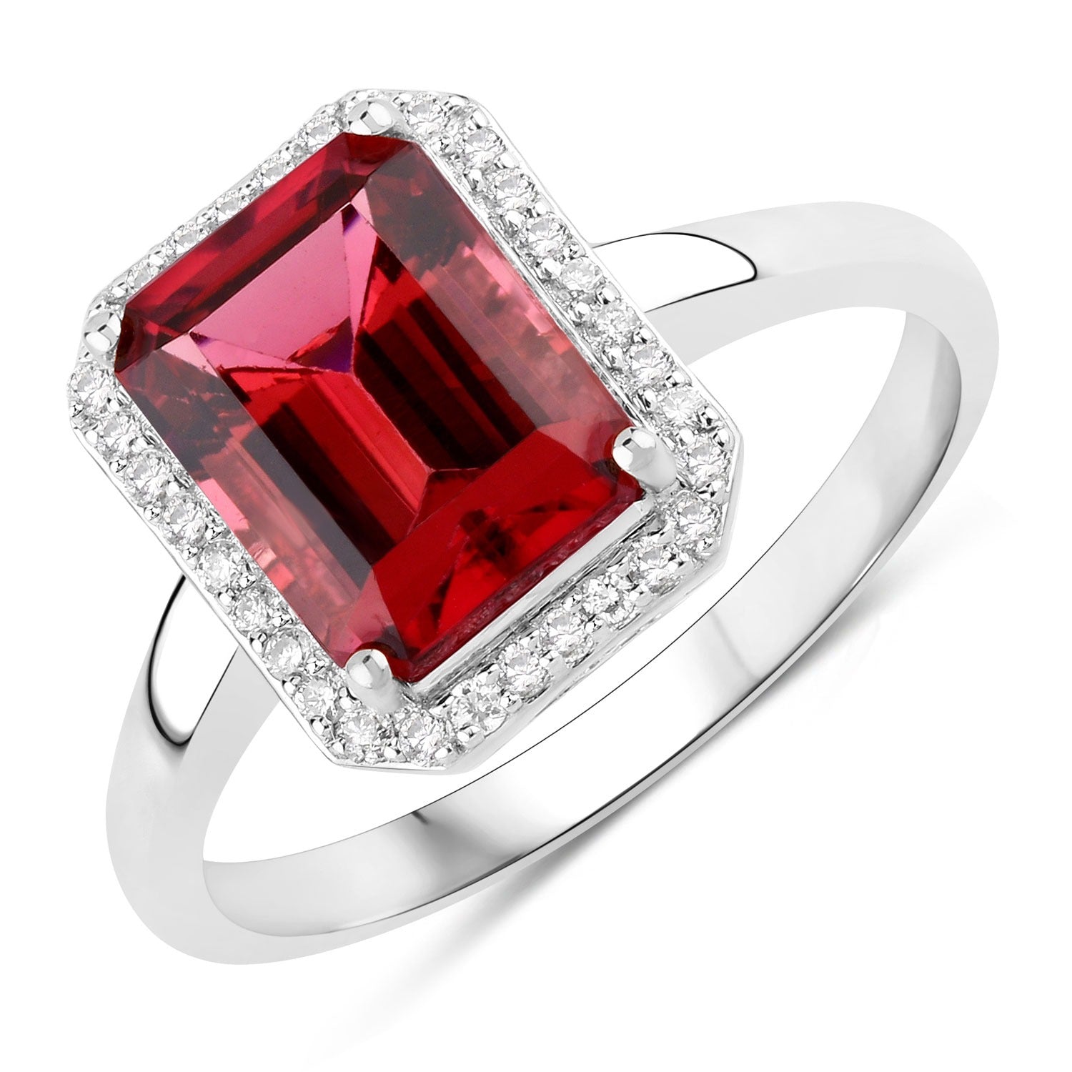 Red Genuine Rubellite and White Diamond 14K Gold Octagon Halo Ring Fine Color Jewels