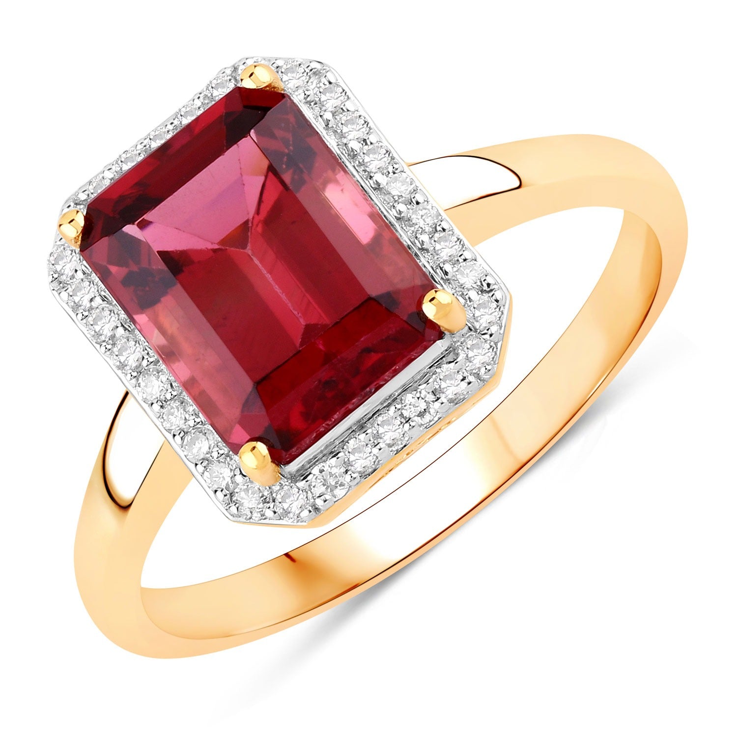 Red Genuine Rubellite and White Diamond 14K Gold Octagon Halo Ring Fine Color Jewels