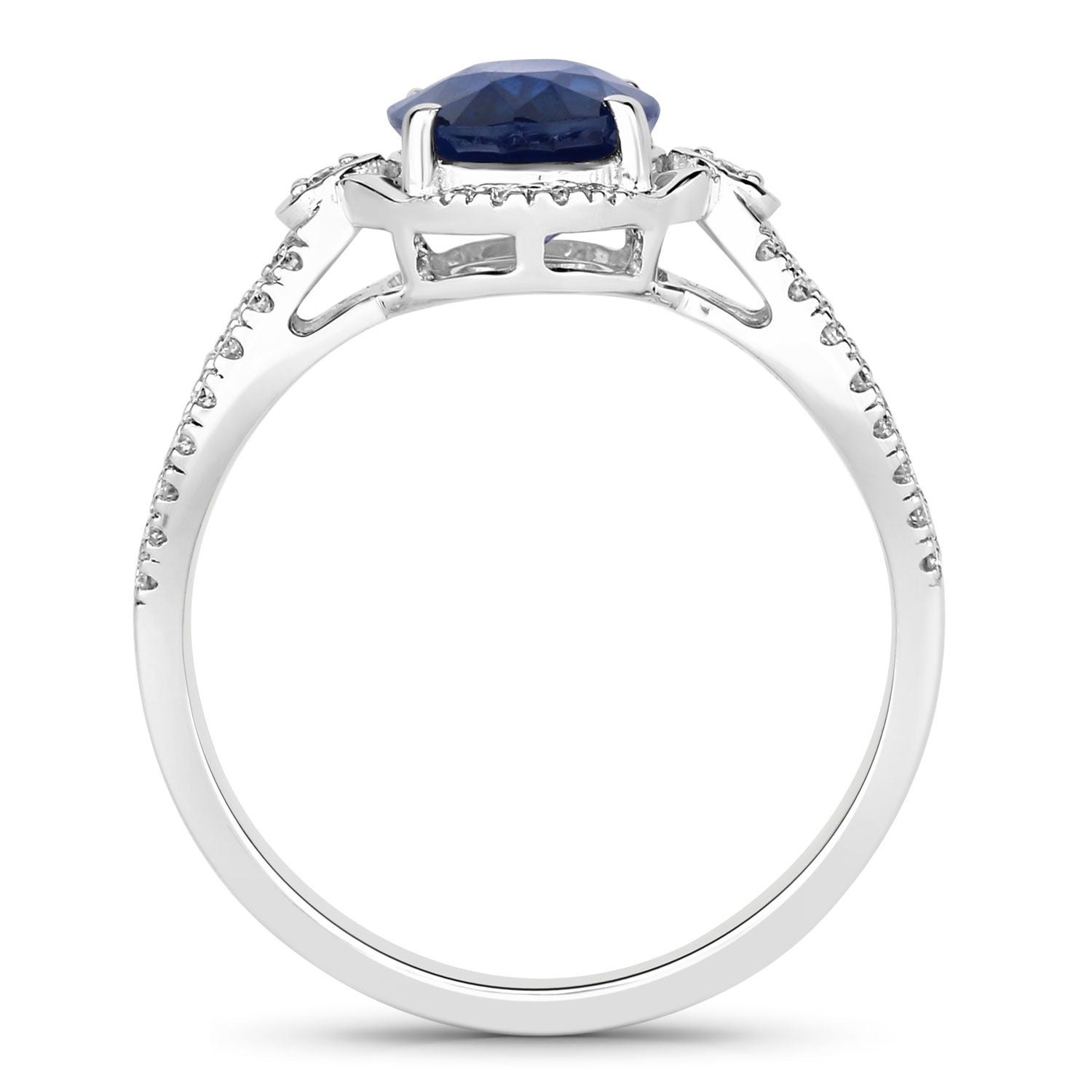 2.33 Ct Oval Ceylon Blue Sapphire and White Diamond Prong 18K White Gold Pave Halo Crossover Ring