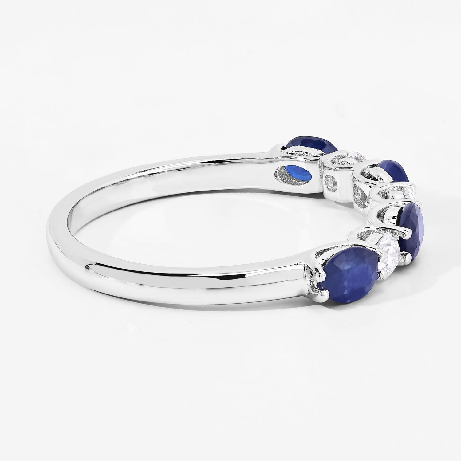 1.06 Ct Genuine Blue Sapphire and Lab Diamond Eternity Silver Ring