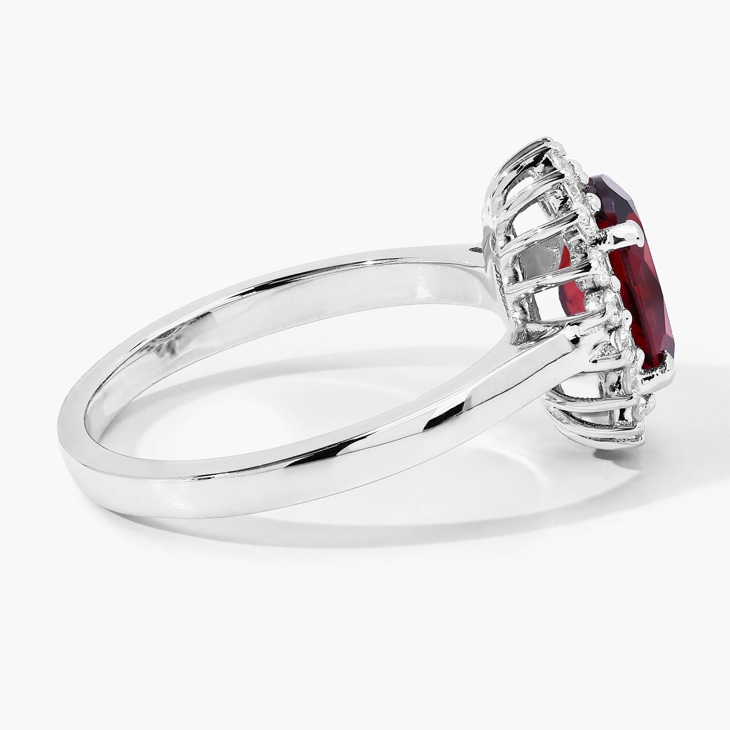 2 Ct Oval Red Mozambique Garnet and Lab Diamond Prong Silver Halo Ring