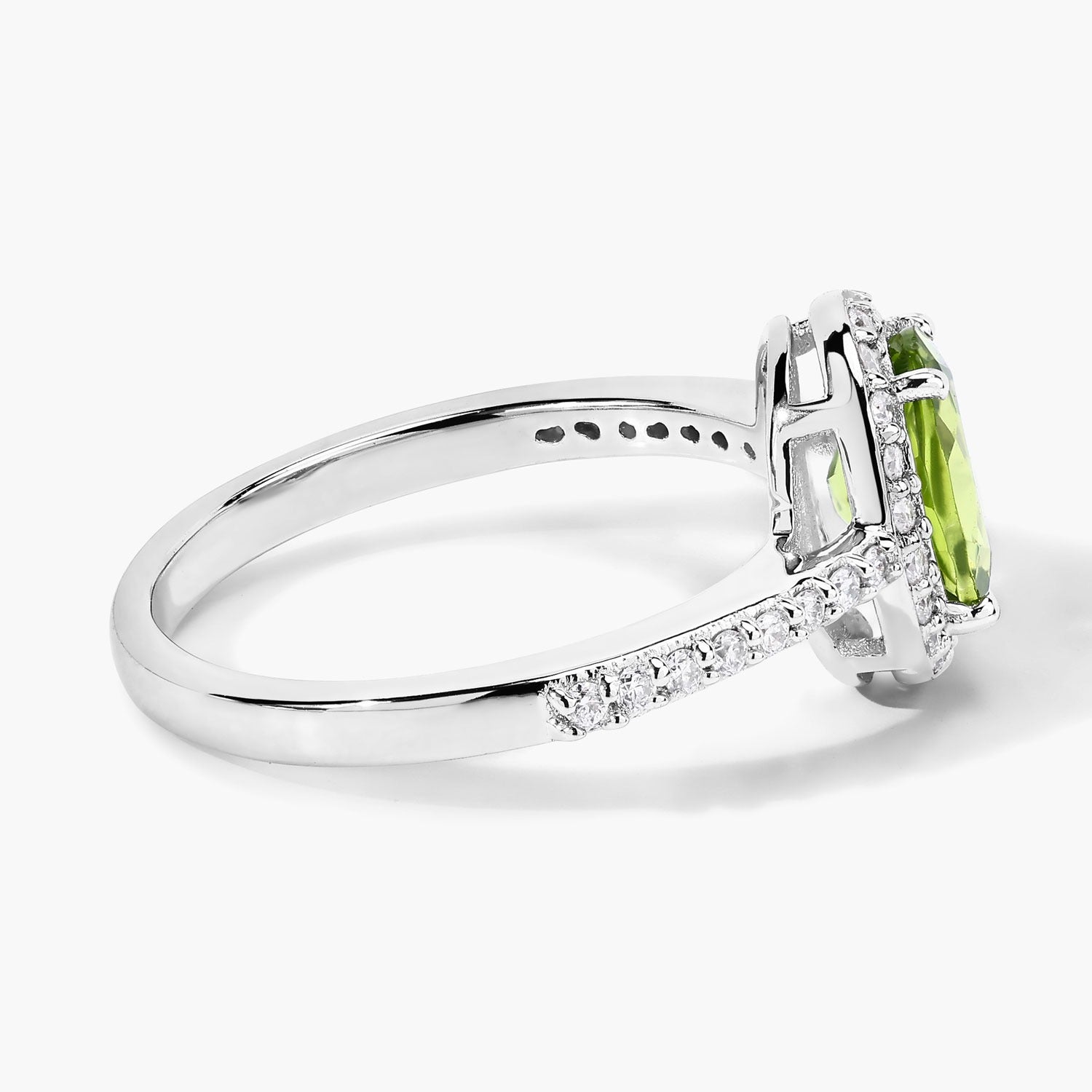 1.37 Ct Genuine Peridot and Lab Diamond Pave Silver Halo Ring