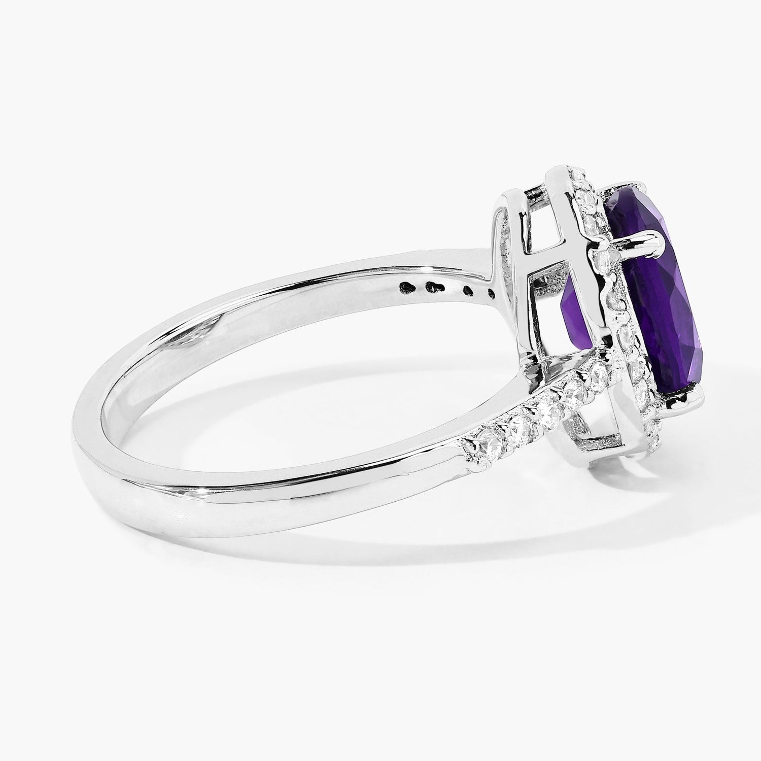 1.92 Ct Genuine Purple Amethyst and Lab Diamond Silver Halo Ring