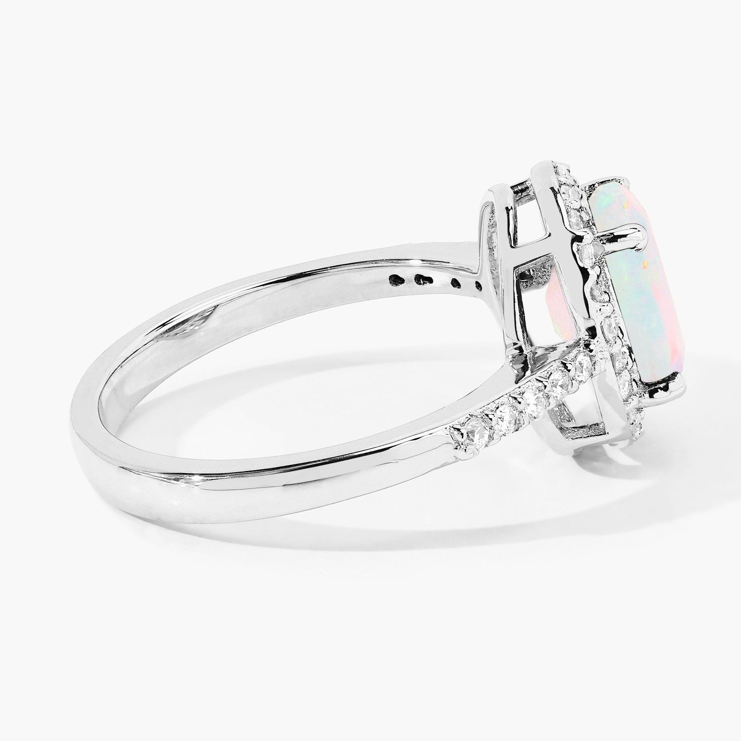 1.22 Ct Genuine Ethiopian Opal and Lab Diamond Silver Halo Ring