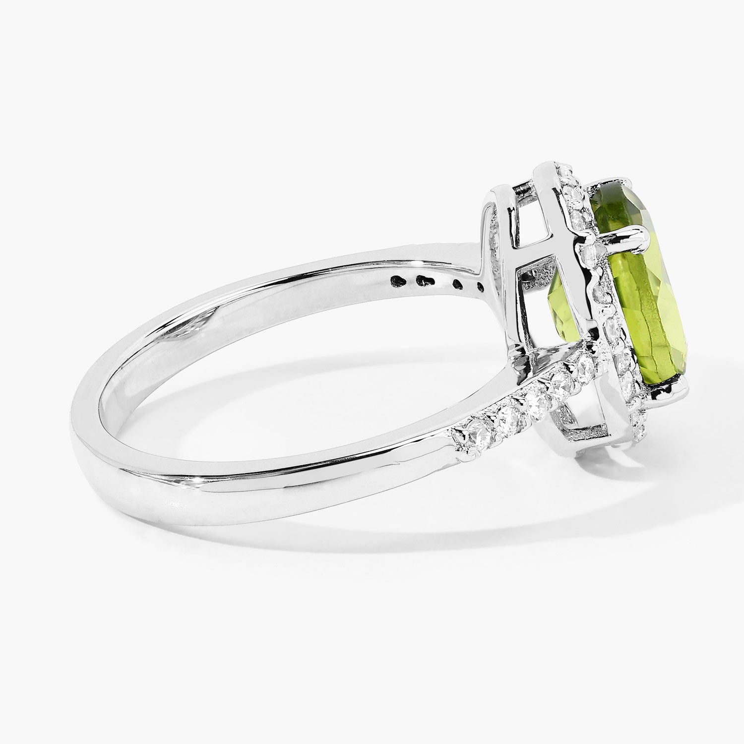 2.02 Ct Genuine Green Peridot and Lab Diamond Silver Halo Ring