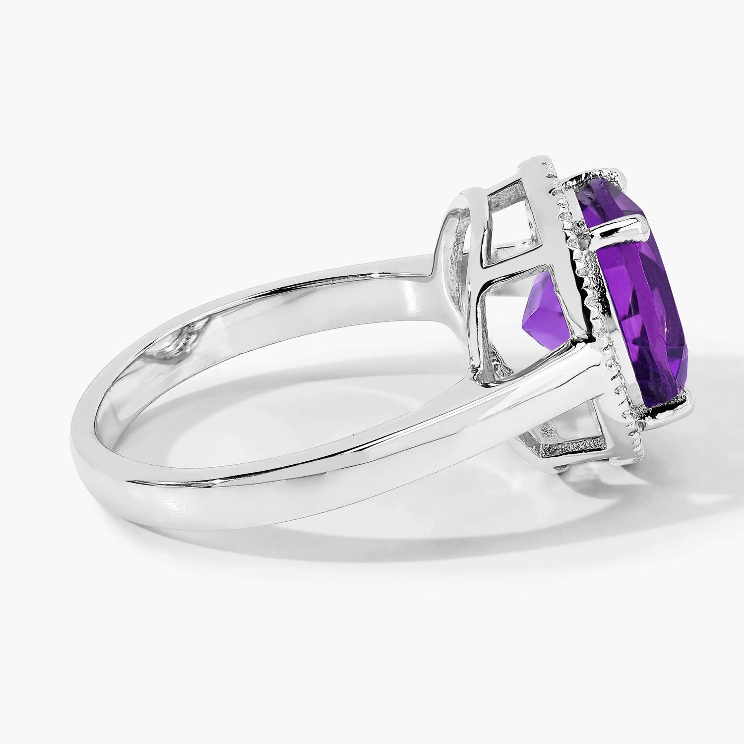 3.49 Carat Genuine Round Amethyst and Lab Grown Diamond Silver Halo Ring