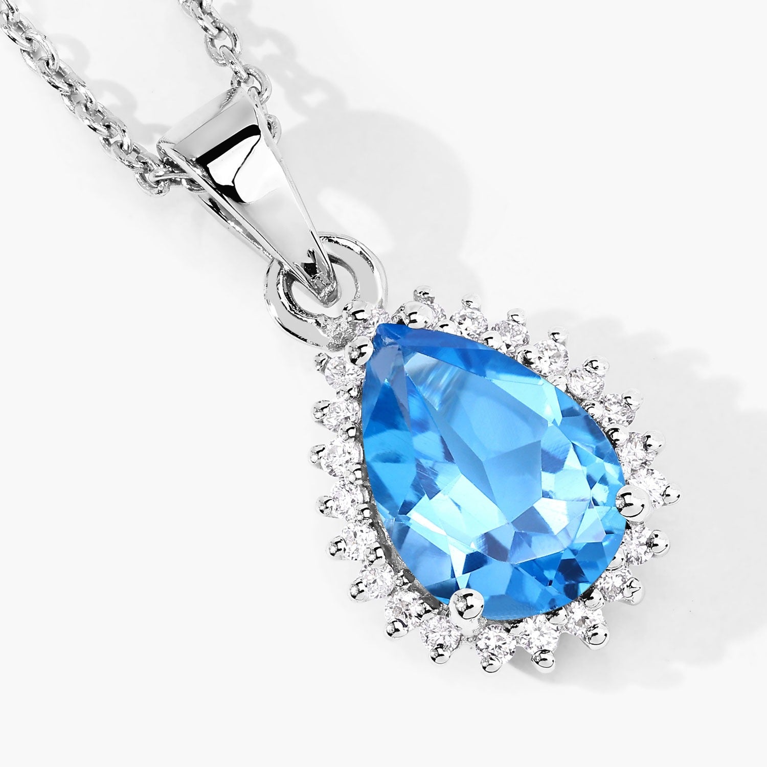 2.07 Ct Genuine Swiss Blue Topaz and Lab Diamond Silver Pear Necklace