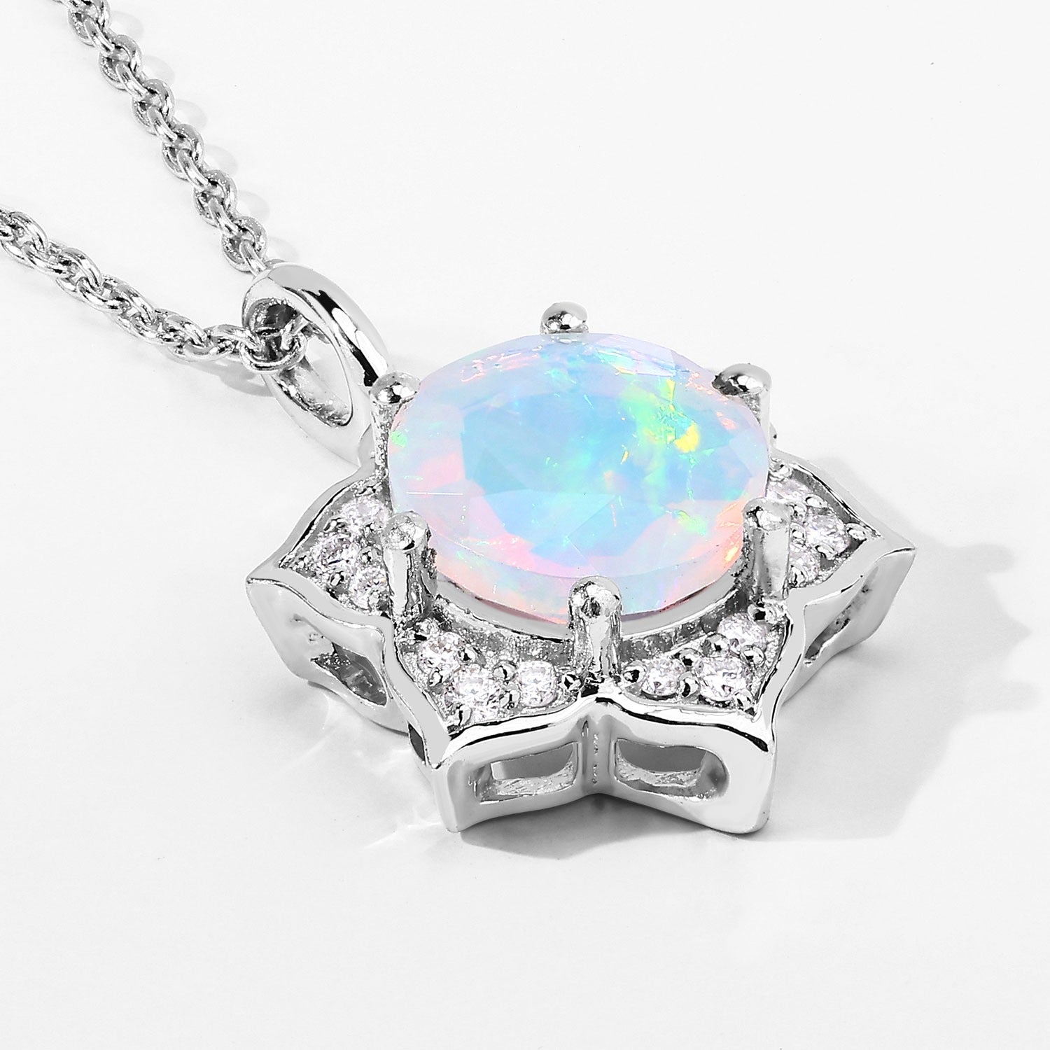 1.03 Ct Genuine Ethiopian Opal and Lab Diamond Silver Star Necklace