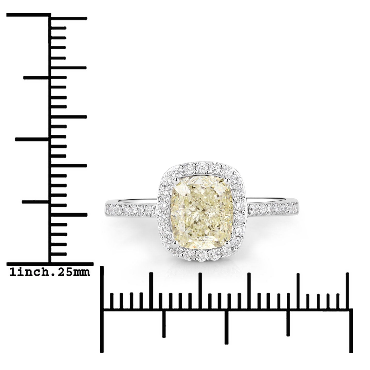 2.05 Ct Cushion Cut Genuine Yellow Diamond 18K White Gold Pave Ring