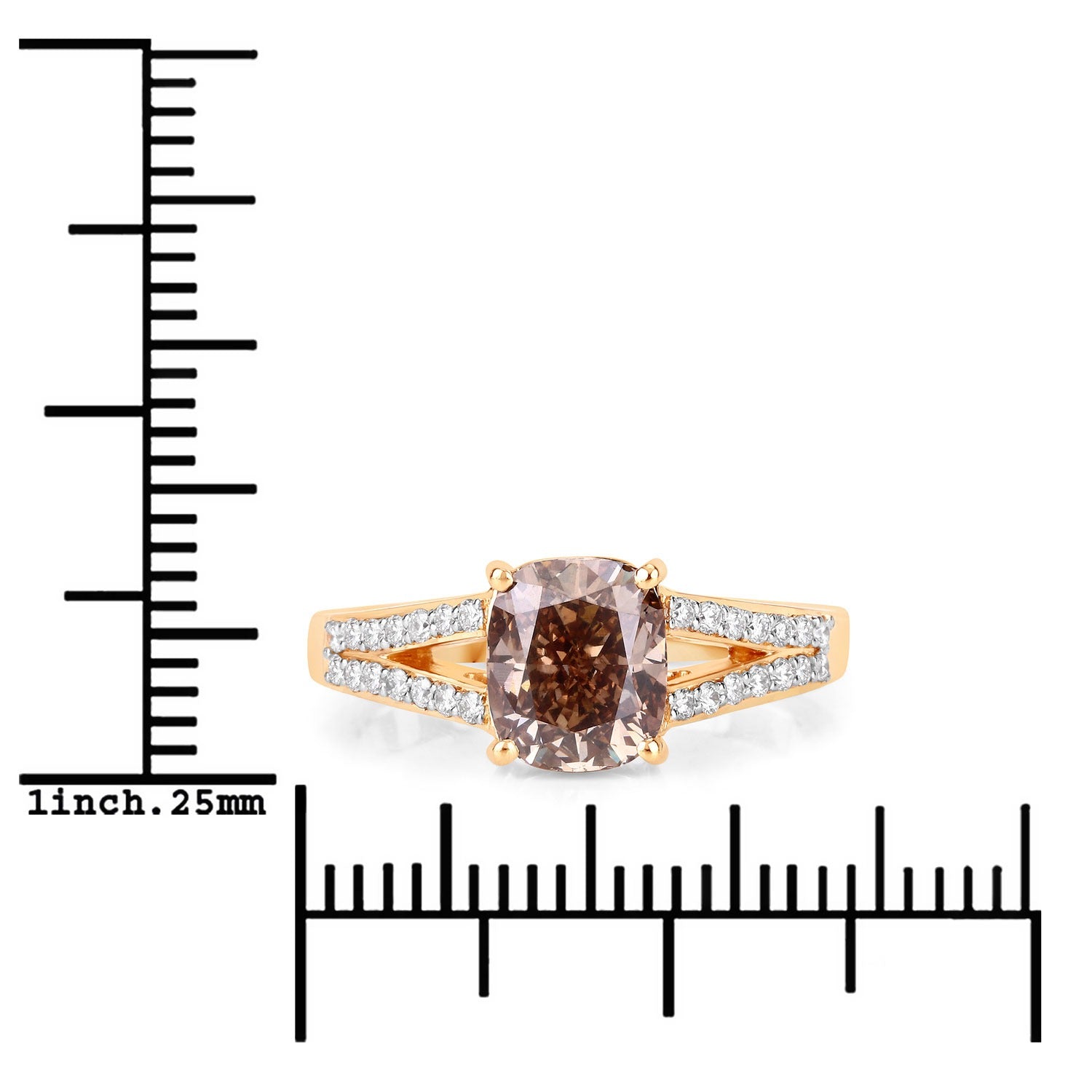 2.02 Ct Genuine Cushion Cut Brown Diamond 18K Yellow Gold Pave Split Shank Ring