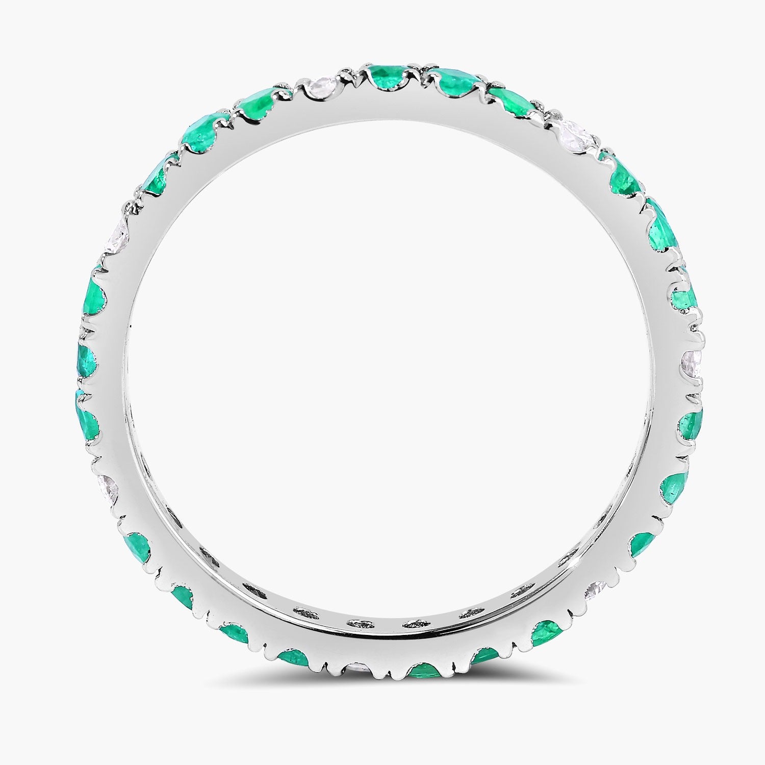 0.99 Ct Genuine Zambian Emerald and Lab Diamond Silver Eternity Ring Fine Color Jewels