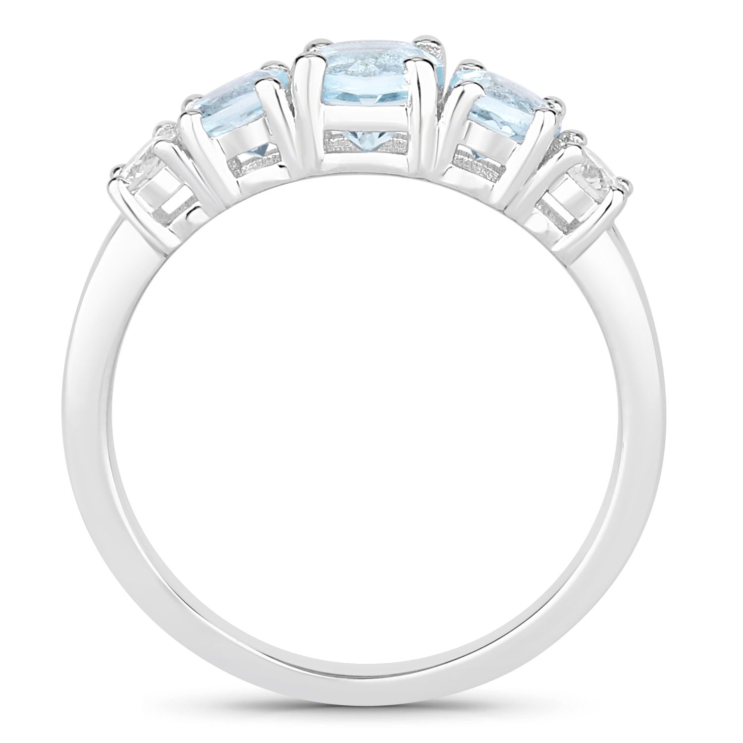 1.04 Ct Genuine Round Aquamarine and Lab Grown Diamond Sterling Silver 5 Stone Ring