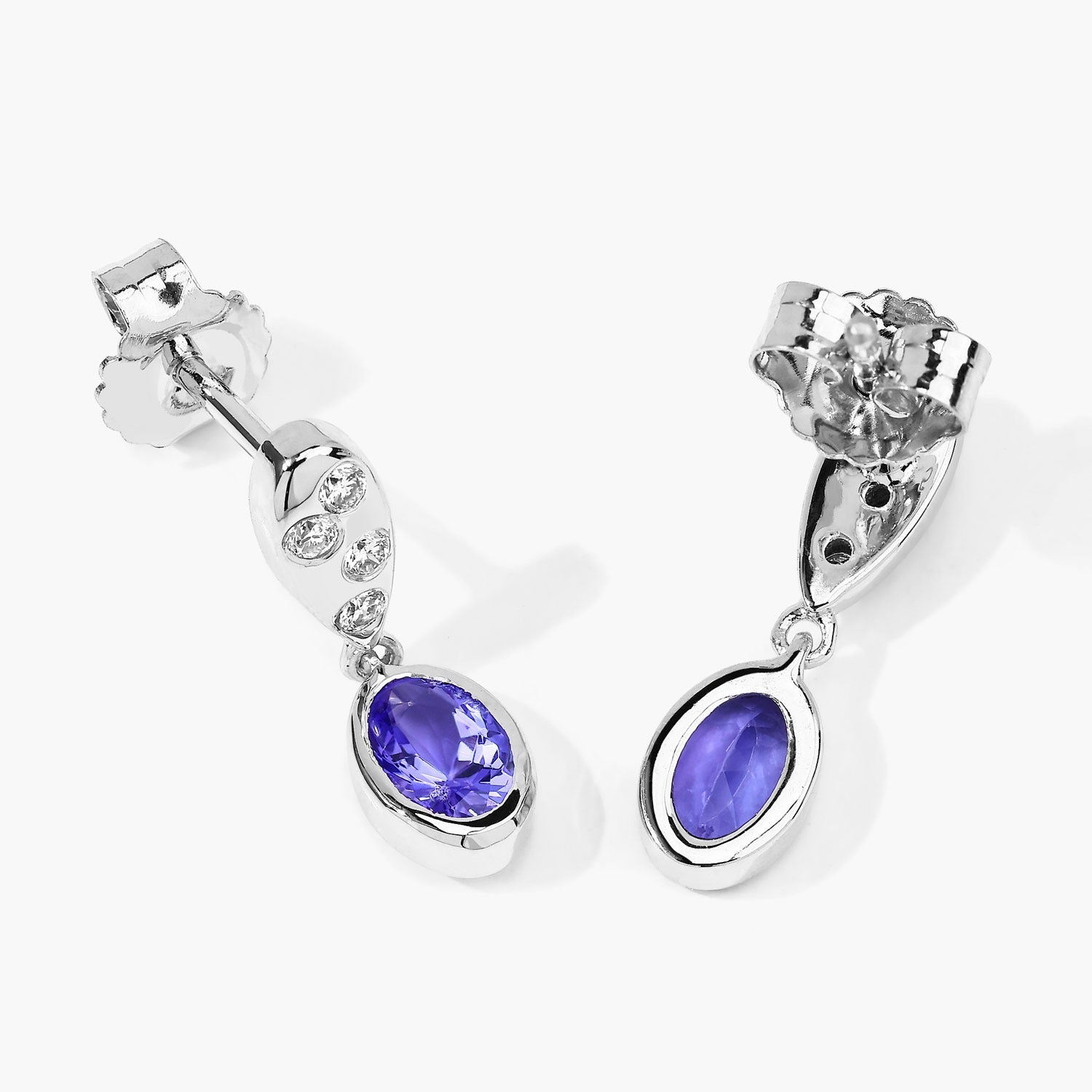 Genuine Tanzanite and Lab Diamond Dangle Silver Earrings