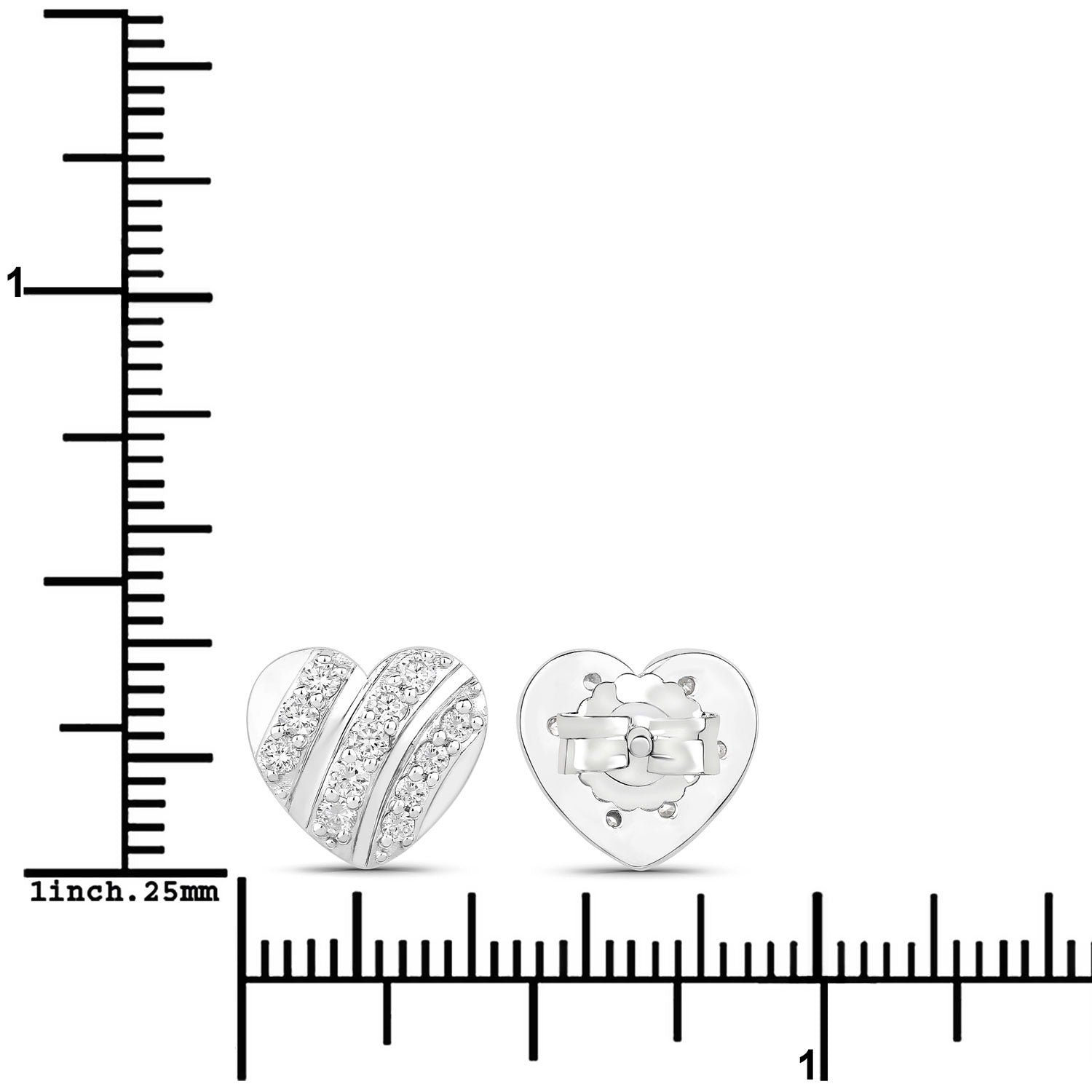 0.50 Cttw Round White Lab Diamond Pavé Rhodium Plated Silver Striped Heart Stud Earrings