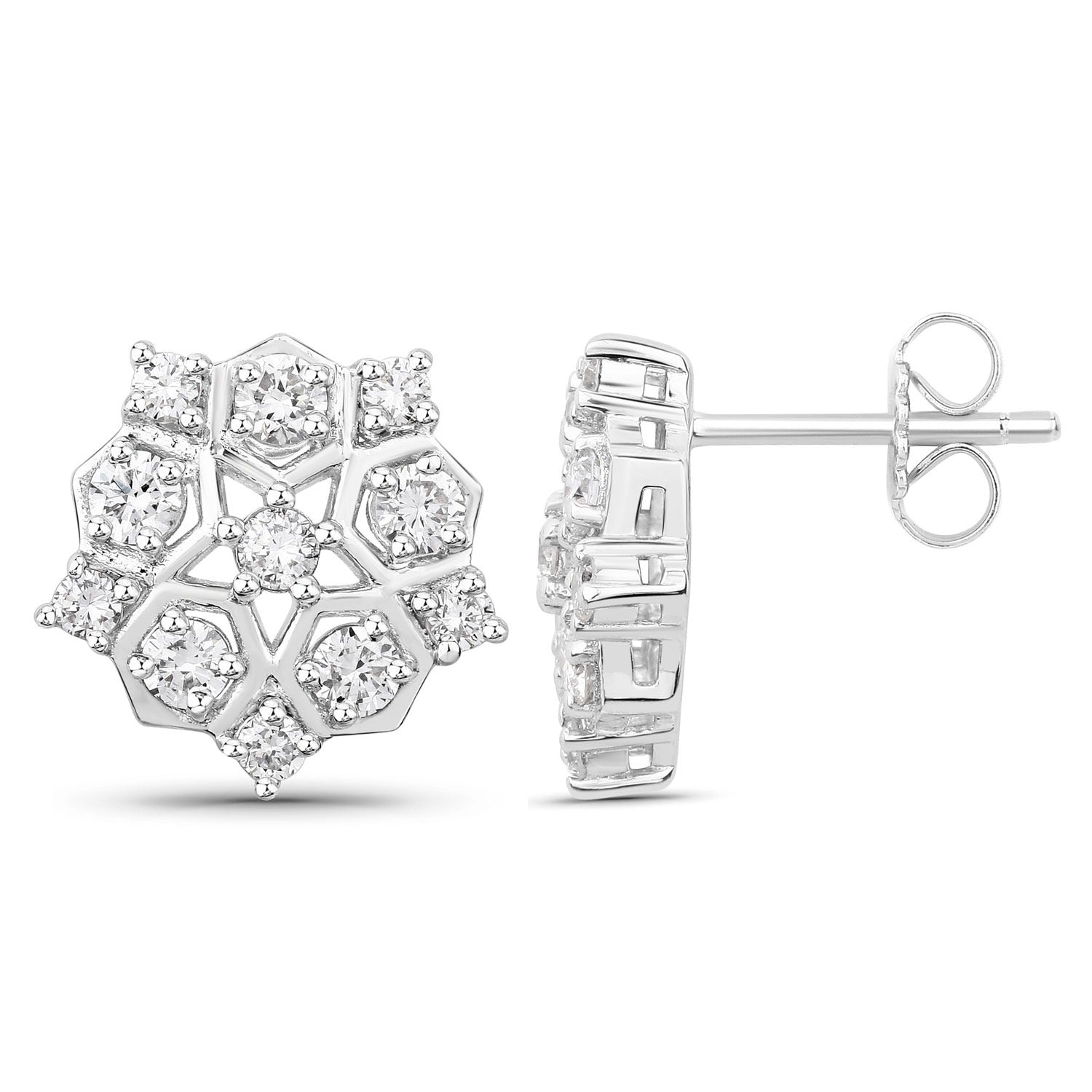 1.00 Cttw Round White Lab Diamond Prong Rhodium Plated Silver Hexagon Cluster Stud Earrings