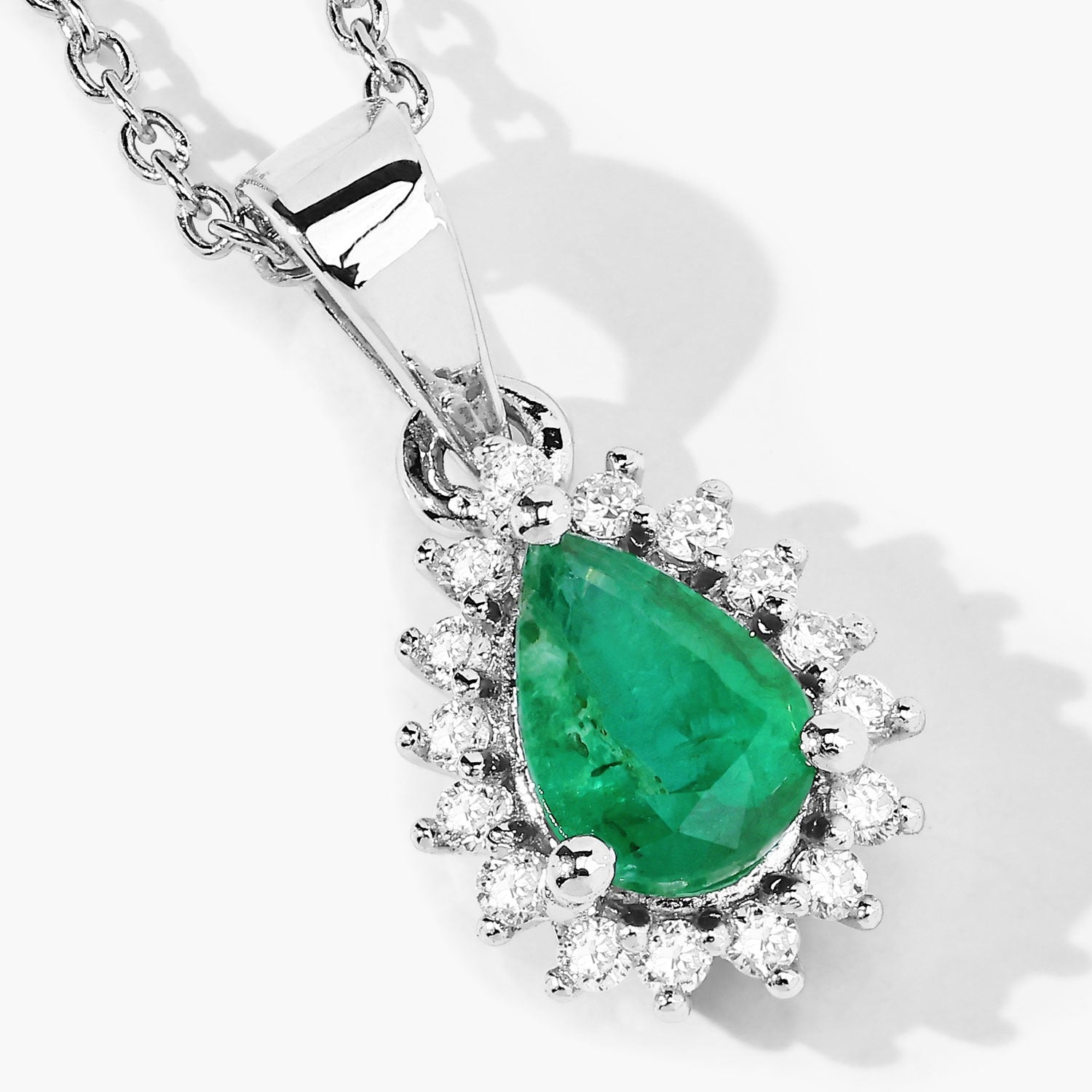 Genuine Zambian Emerald and Lab Grown Diamond 925 Silver Halo Necklace Fine Color Jewels