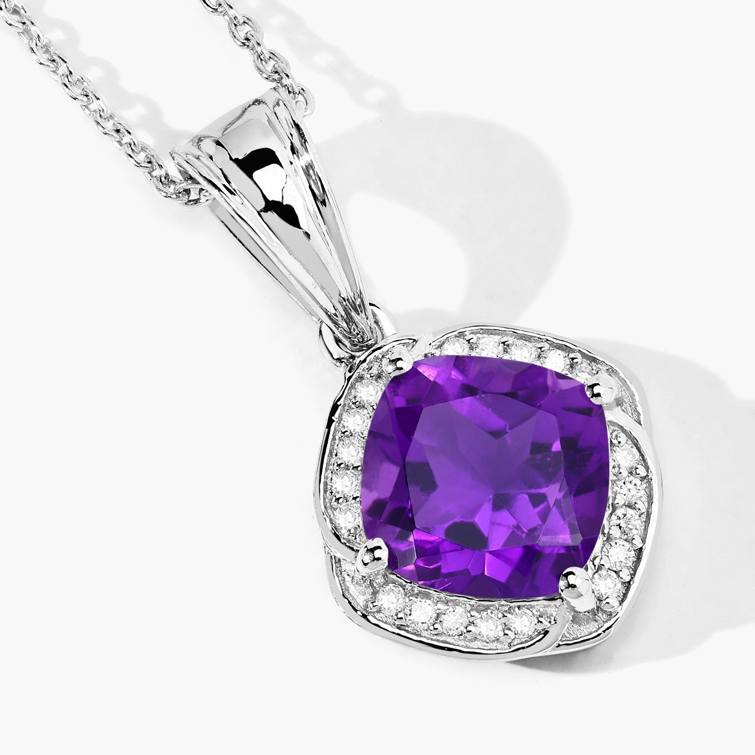 Genuine Amethyst and Lab Grown Diamond 925 Silver Cushion Necklace Fine Color Jewels