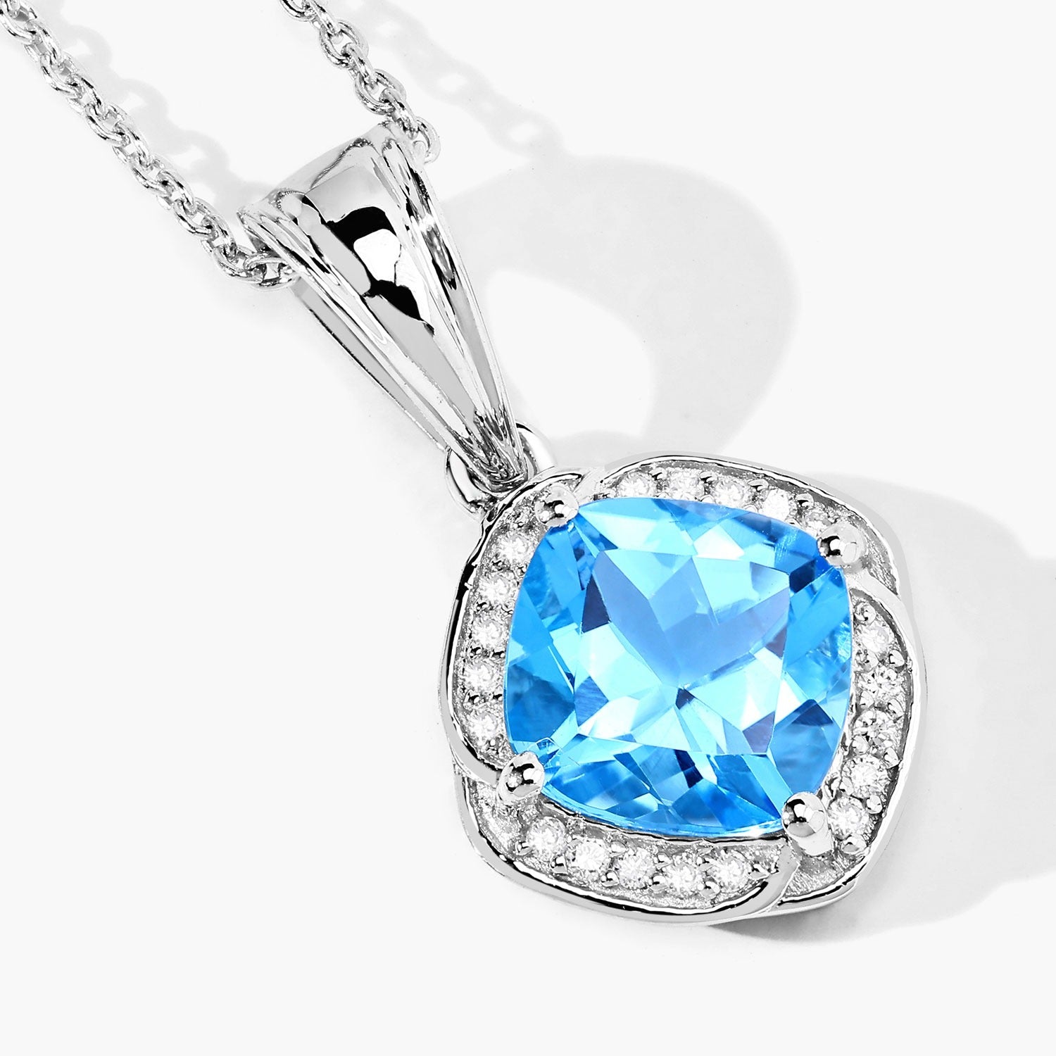 Genuine Swiss Blue Topaz and Lab Diamond 925 Silver Necklace Fine Color Jewels