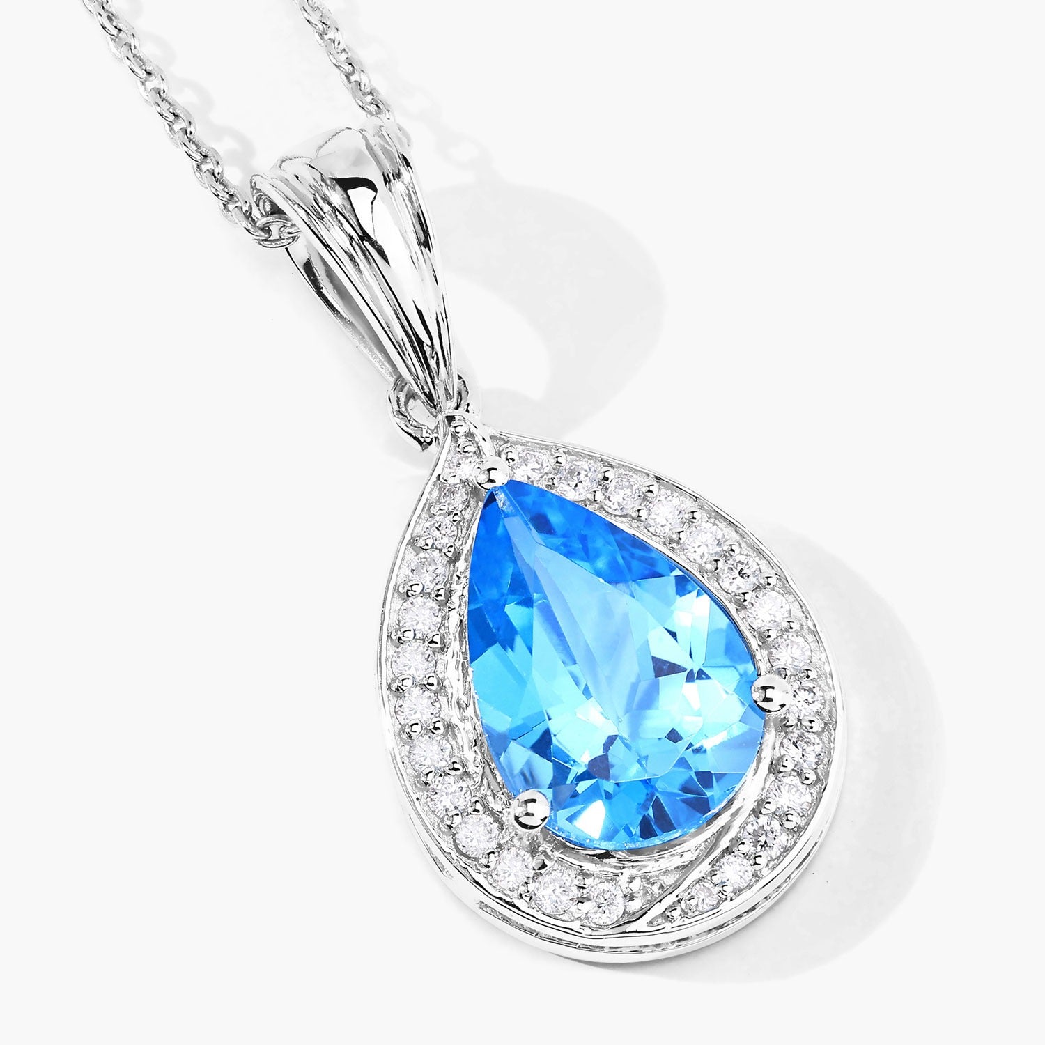 Genuine Swiss Blue Topaz and Lab Grown Diamond 925 Silver Necklace Fine Color Jewels