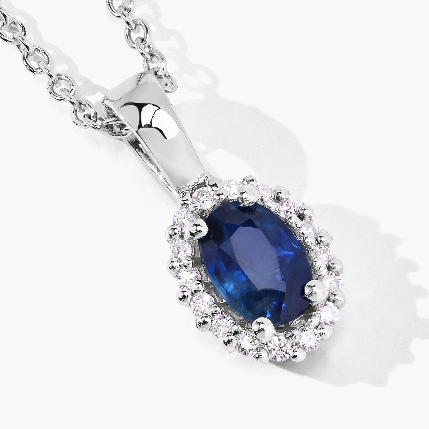 Genuine Blue Sapphire and Lab Grown Diamond 925 Silver Necklace Fine Color Jewels
