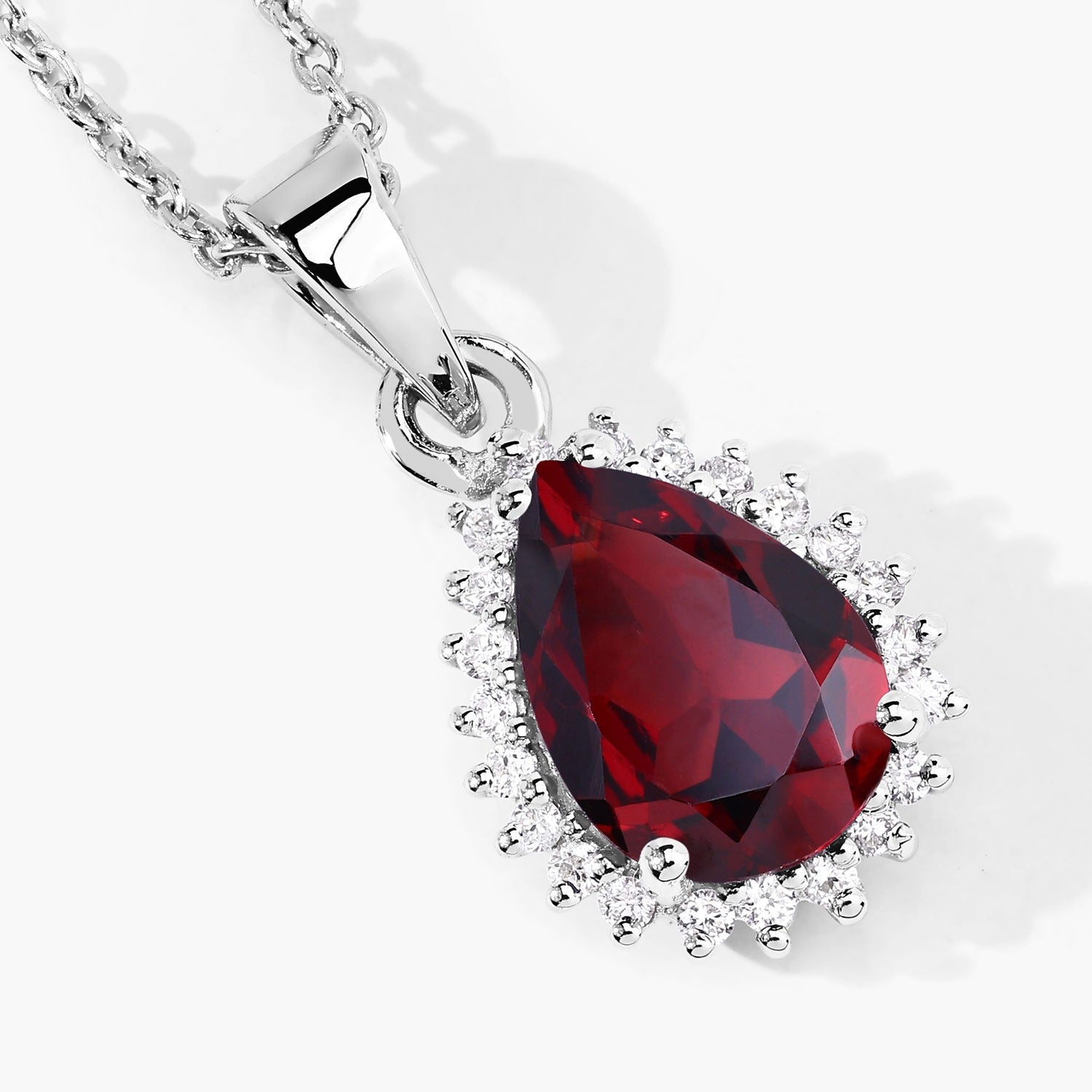 1.97 Ct Genuine Mozambique Garnet and Lab Diamond Silver Teardrop Necklace