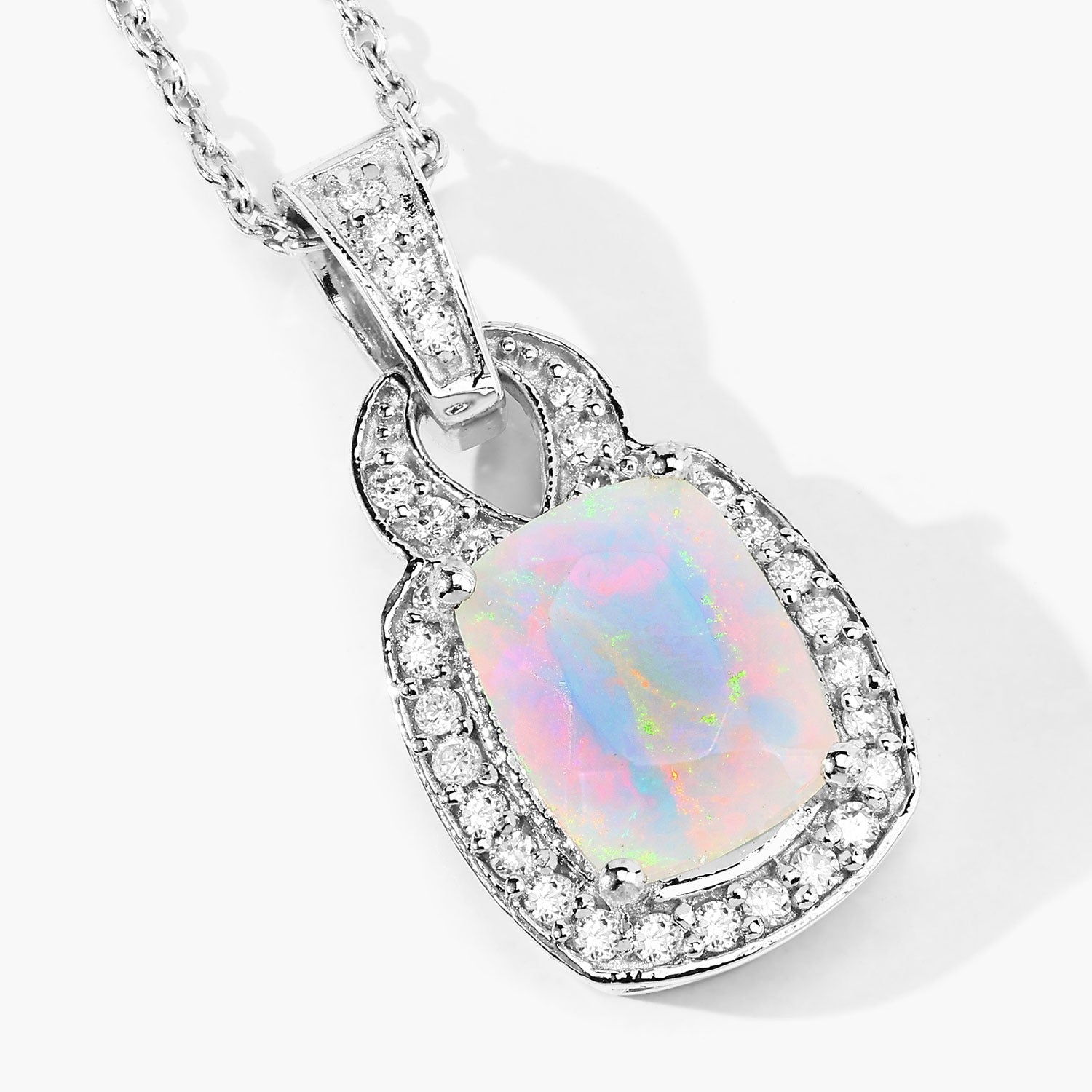 1.23 Ct Genuine Ethiopian Opal and Lab Diamond Silver Cushion Necklace