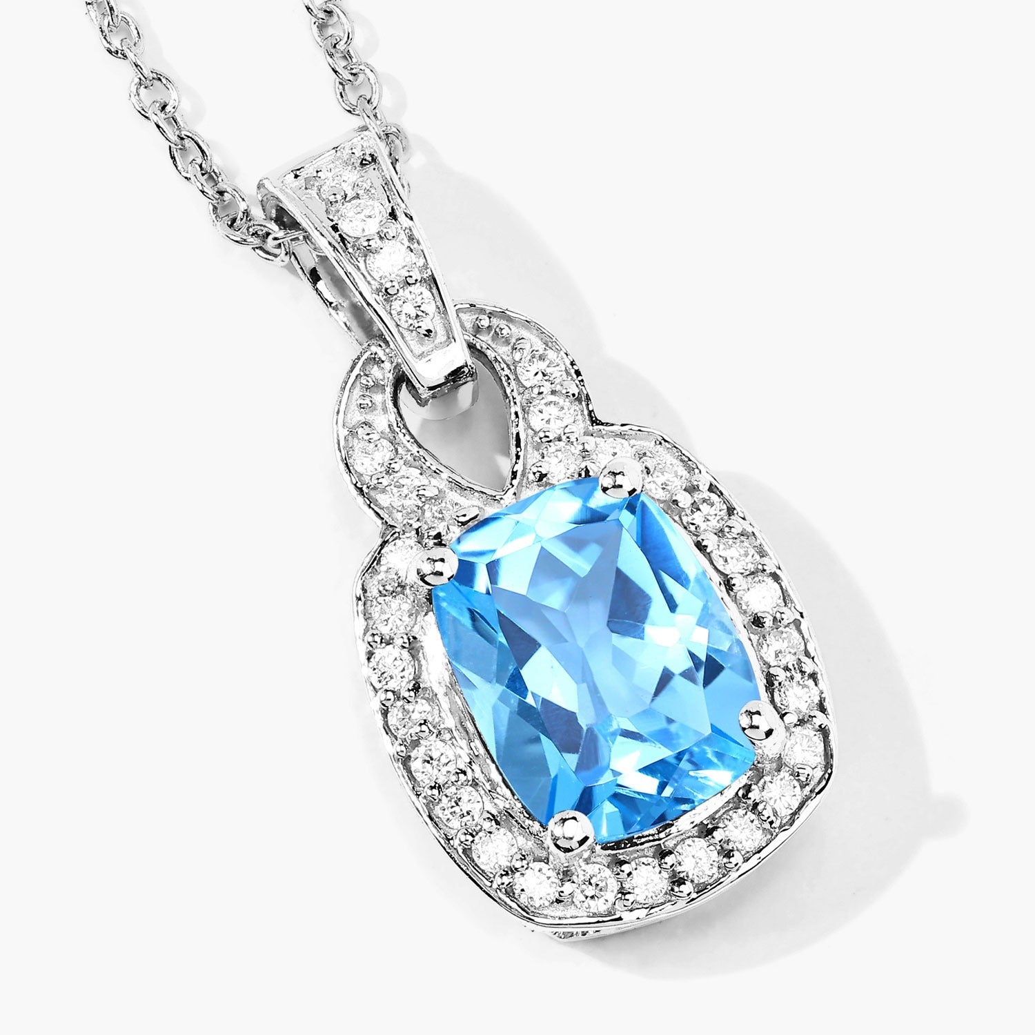 2.88 Ct Genuine Swiss Blue Topaz and Lab Diamond Silver Pendant Necklace