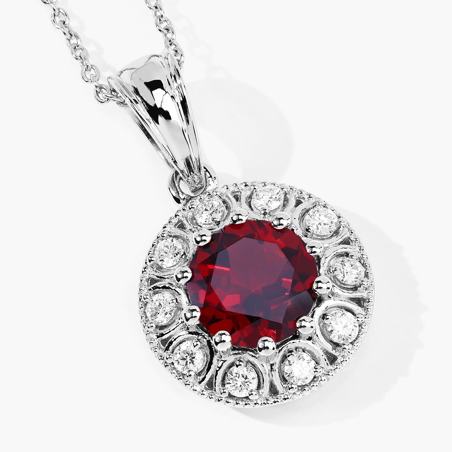 2.60 Ct Genuine Mozambique Garnet and Lab Diamond Silver Halo Necklace