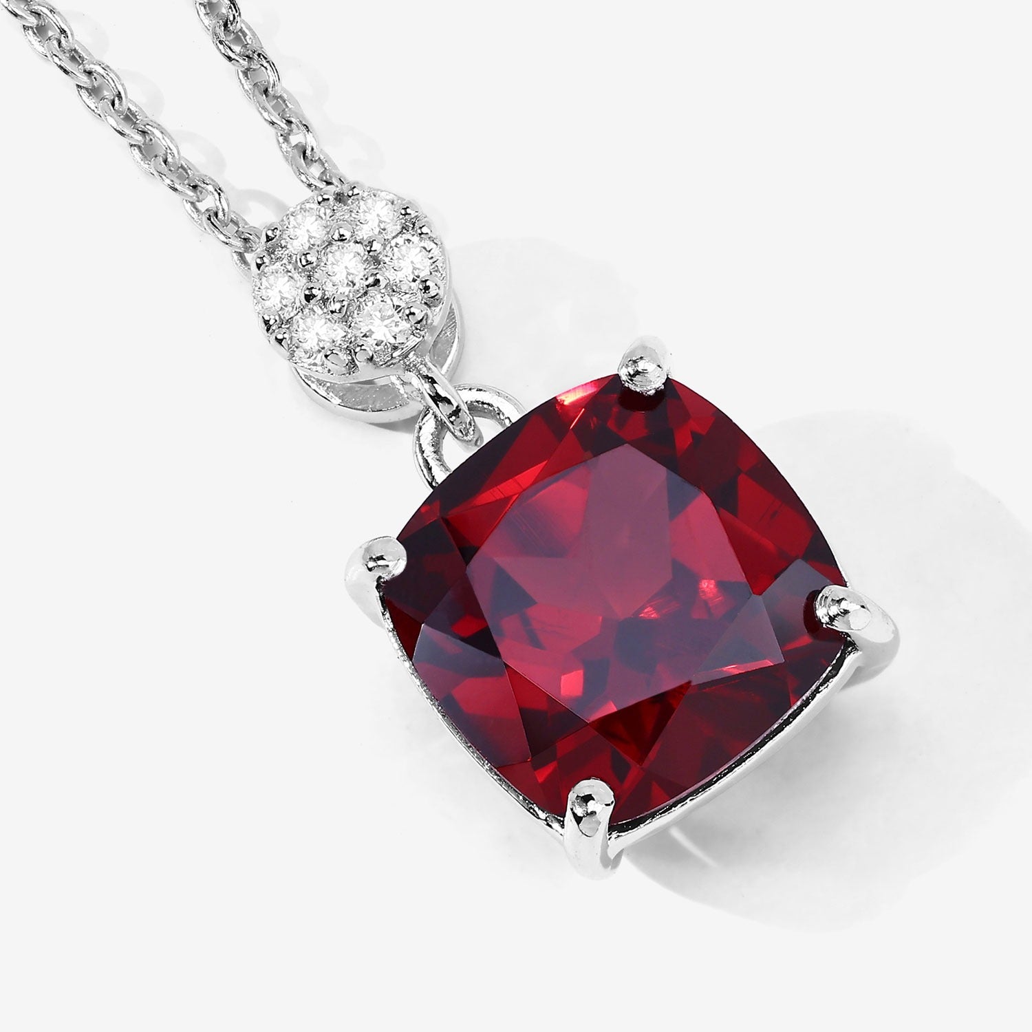 3.57 Ct Genuine Mozambique Garnet and Lab Diamond Silver Cushion Necklace